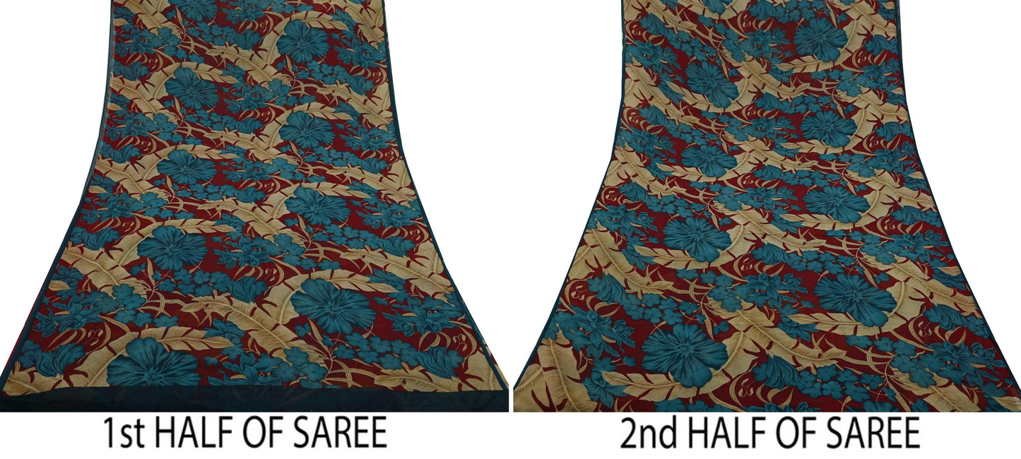 Women Vintage Sari Green & Maroon Pure Georgette Silk Printed Saree Craft Fabric Sewing 5Yard Soft Light Dress Making Floral