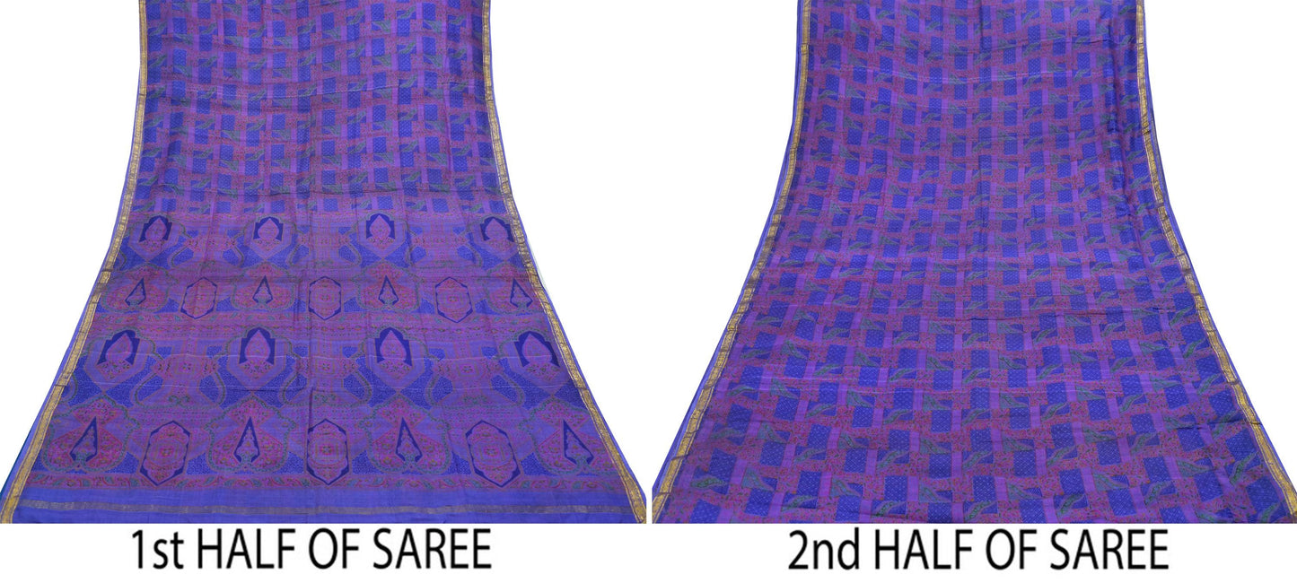 Indian Vintage Sari Purple Pure Silk Woven Printed Saree Craft Fabric 6yd Sewing DressMaking Soft Woven Border Crafting Upcycle Quilting