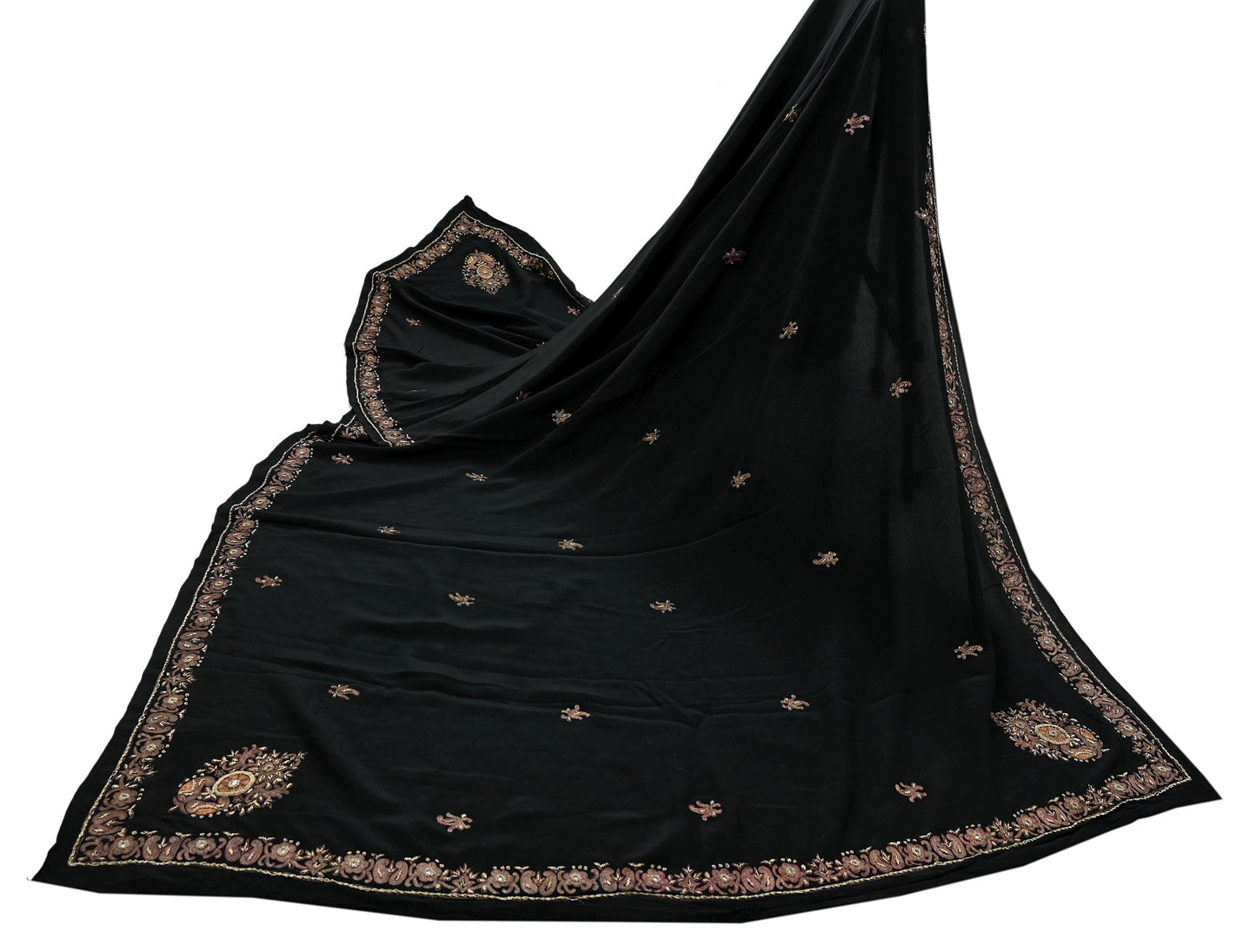 Indian Vintage Black Dupatta Long Stole Pure Crepe Silk Hand Embroidered Scarves Veil Scarf Wrap Hippie Boho Zardozi/ Dabka