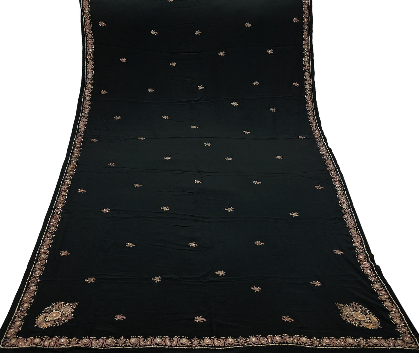 Indian Vintage Black Dupatta Long Stole Pure Crepe Silk Hand Embroidered Scarves Veil Scarf Wrap Hippie Boho Zardozi/ Dabka