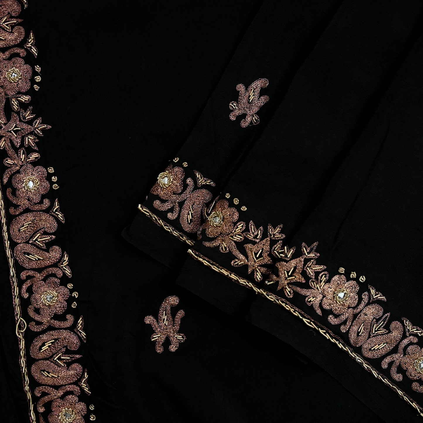 Indian Vintage Black Dupatta Long Stole Pure Crepe Silk Hand Embroidered Scarves Veil Scarf Wrap Hippie Boho Zardozi/ Dabka