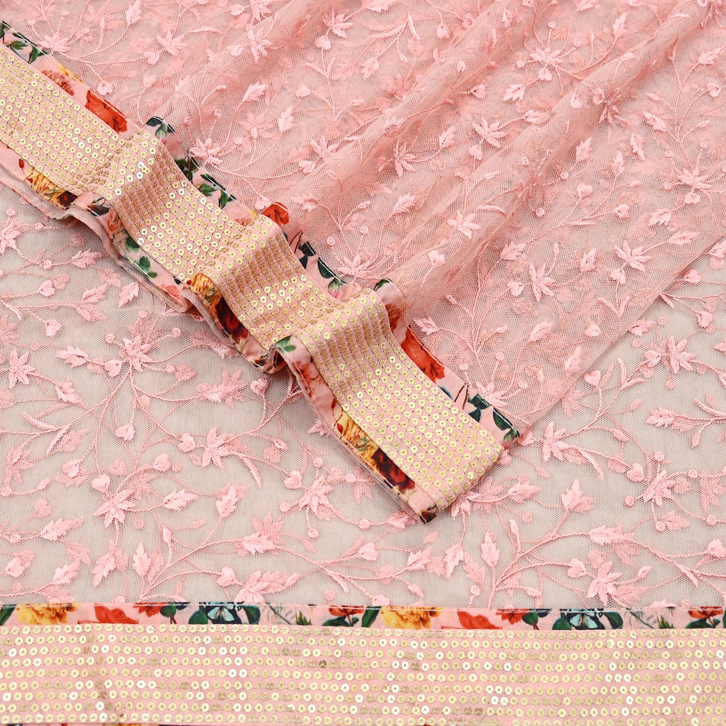 Indian Vintage Peach Dupatta Net Mesh Long Stole Hand Embroidered Scarves Veil Scarf Wrap Party wear