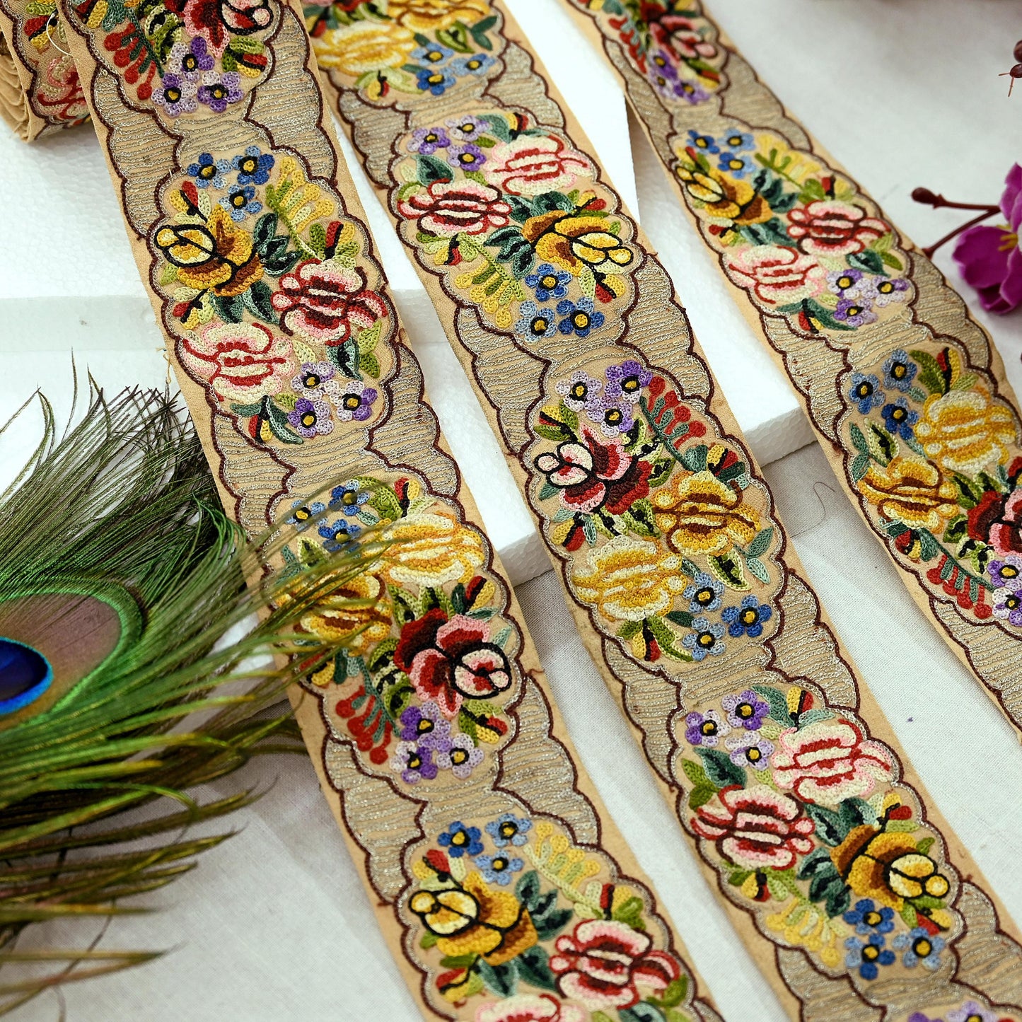 Indian Antique Vintage Real Parsi Gara Border Beige Hand Embroidered Craft Trim Lace Sewing Sarees Ribbon Recycled 8yard