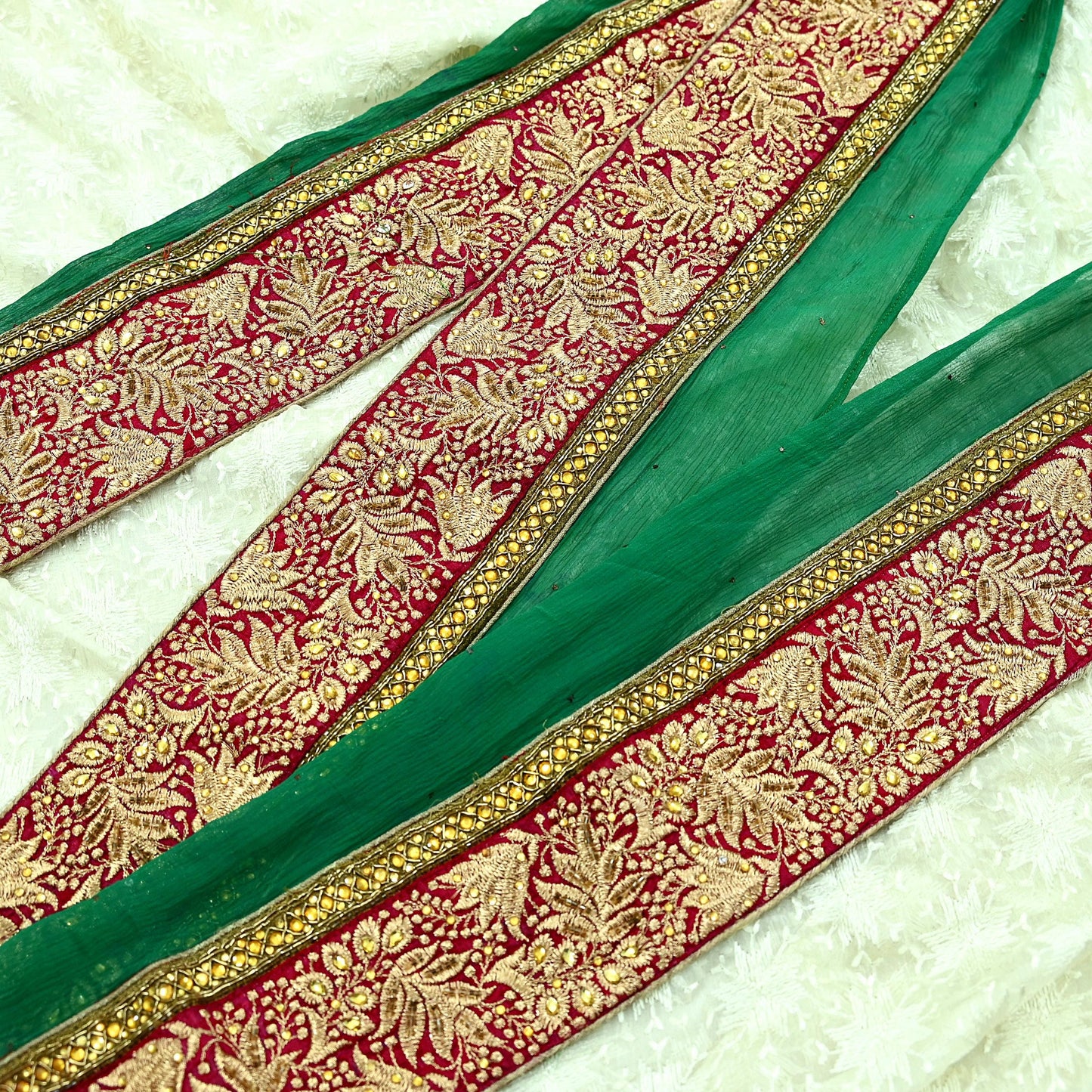 Indian Vintage Green & Maroon Sari Border Hand Embroidered Craft Trim 1Yd Lace Sewing Sari Ribbon Zardozi/Dabka Zari