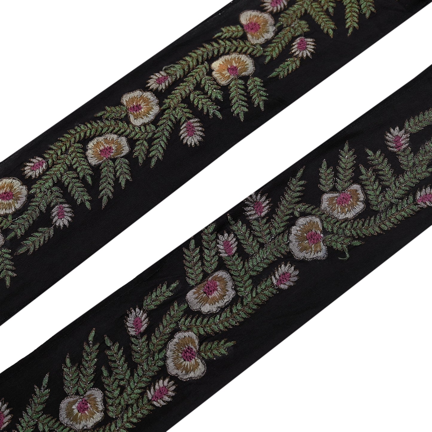 Indian Vintage Black Border Pure Crepe Silk Hand Embroidered Craft Trim 1Yd Lace Sewing Sari Ribbon Recycled Zardozi Dabka