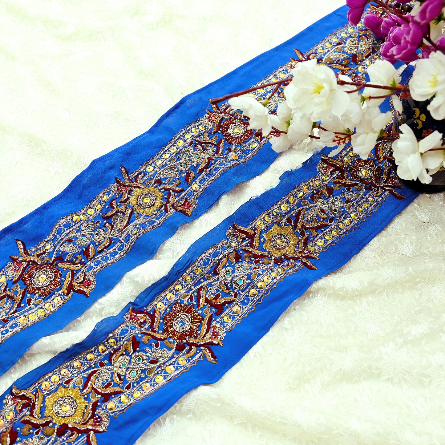 Indian Vintage Blue Sari Border Hand Embroidered Craft Trim 1Yd Lace Sewing Sari Ribbon Pure Crepe silk Zardozi/Dabka Zari
