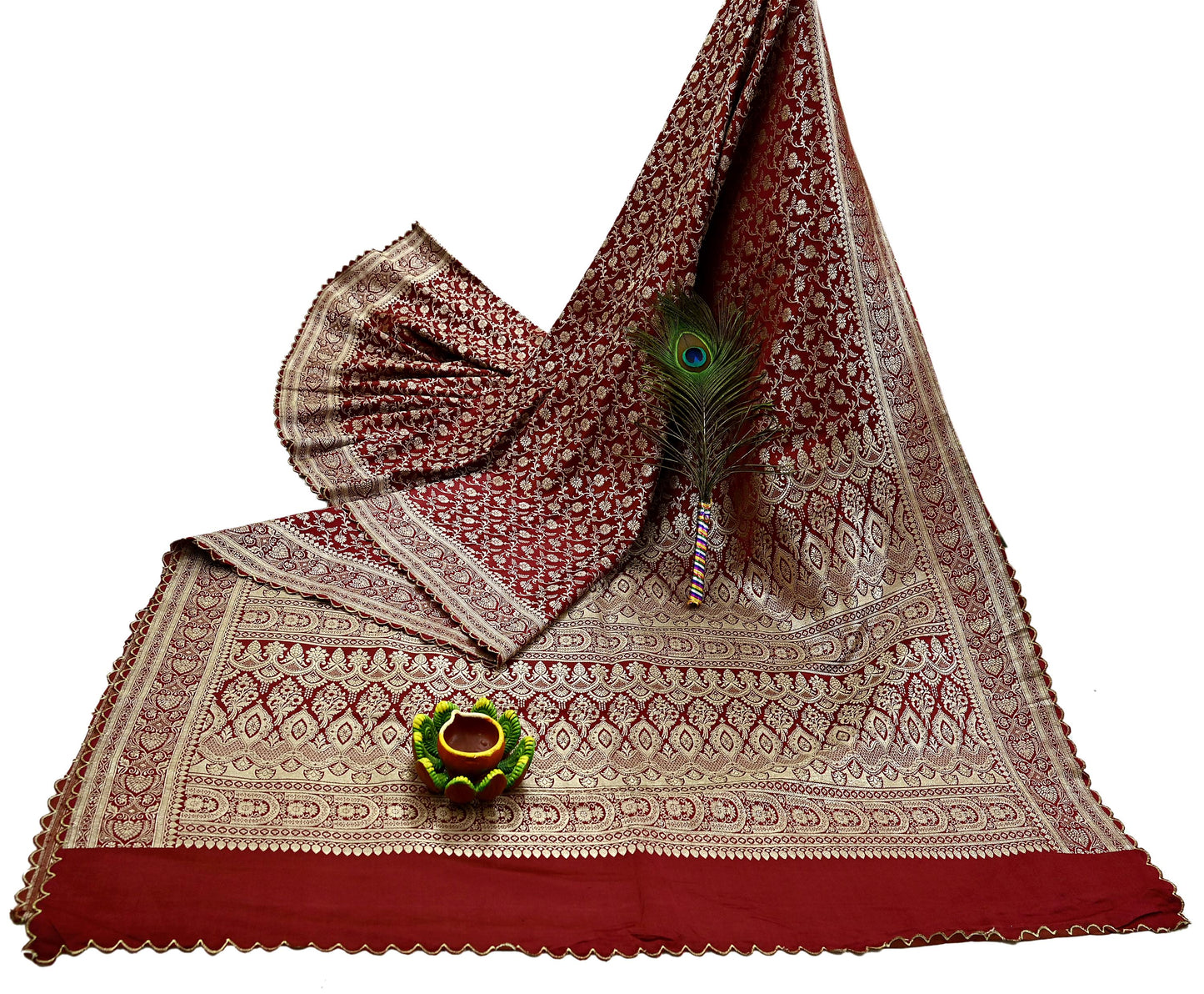 Indian Vintage Sari Maroon Heavy Wedding Pure Satin Silk Woven Banarasi Brocade Sarees Zari 5Yd Dress making Crafting Quilting