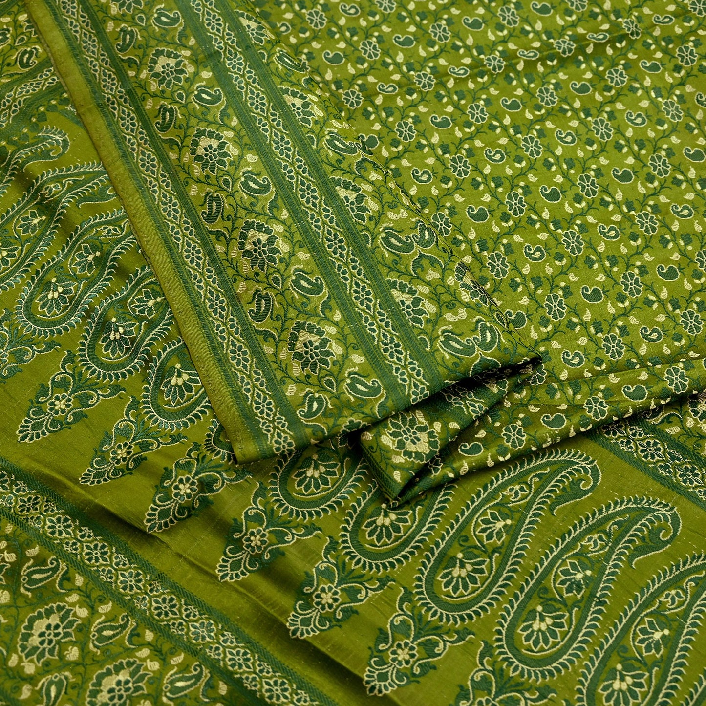 Indian Vintage Sari Green Heavy Pure Satin Silk Hand Woven Tanchoi Sarees Ethnic Wear 5Yd Paisley Craft Fabric Dress Making Crafting
