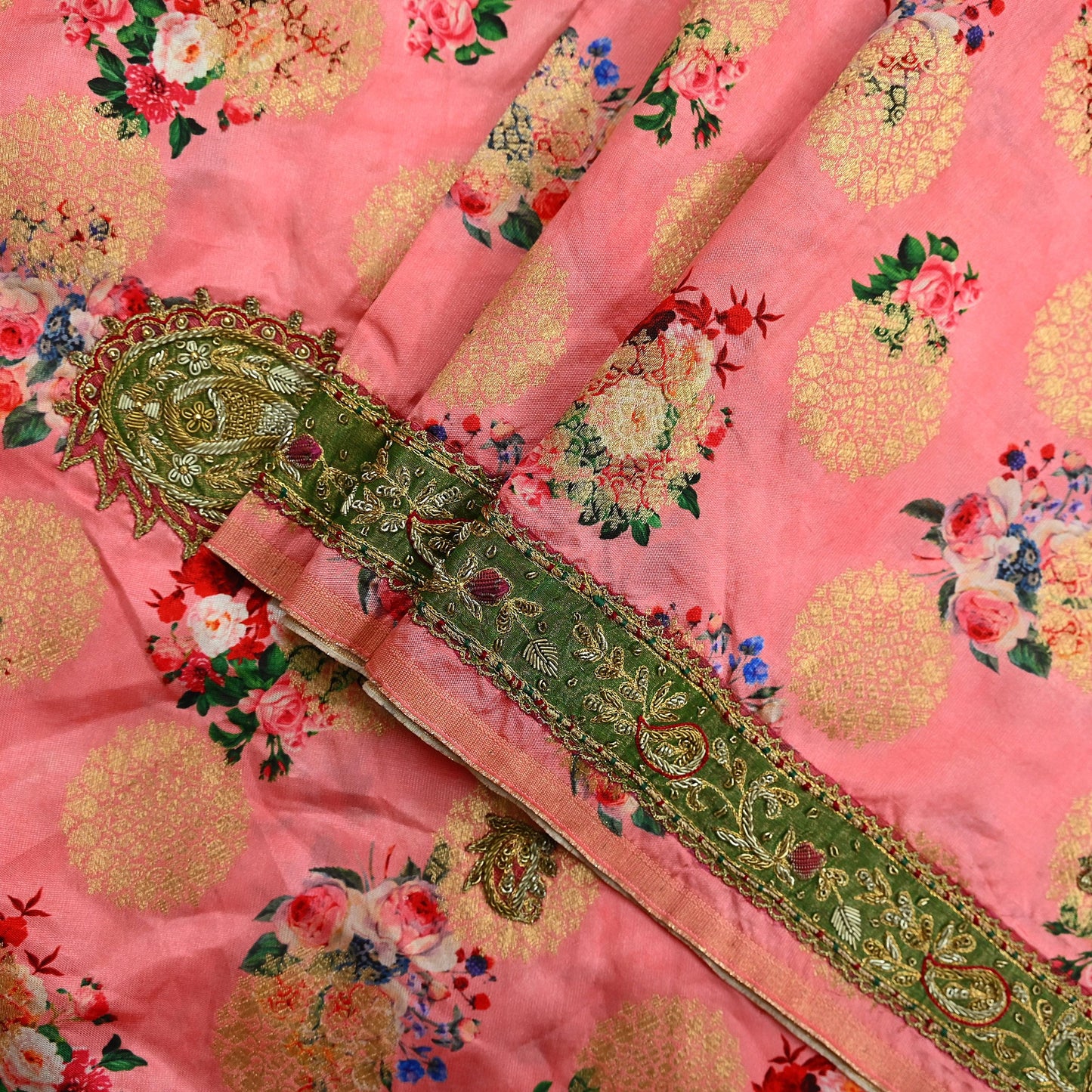 Indian Vintage Peach Sarees Hand Embroidered Woven Brocade Sari Fabric 6Yd Sewing Ethnic Zardozi Zari Floral Dress making