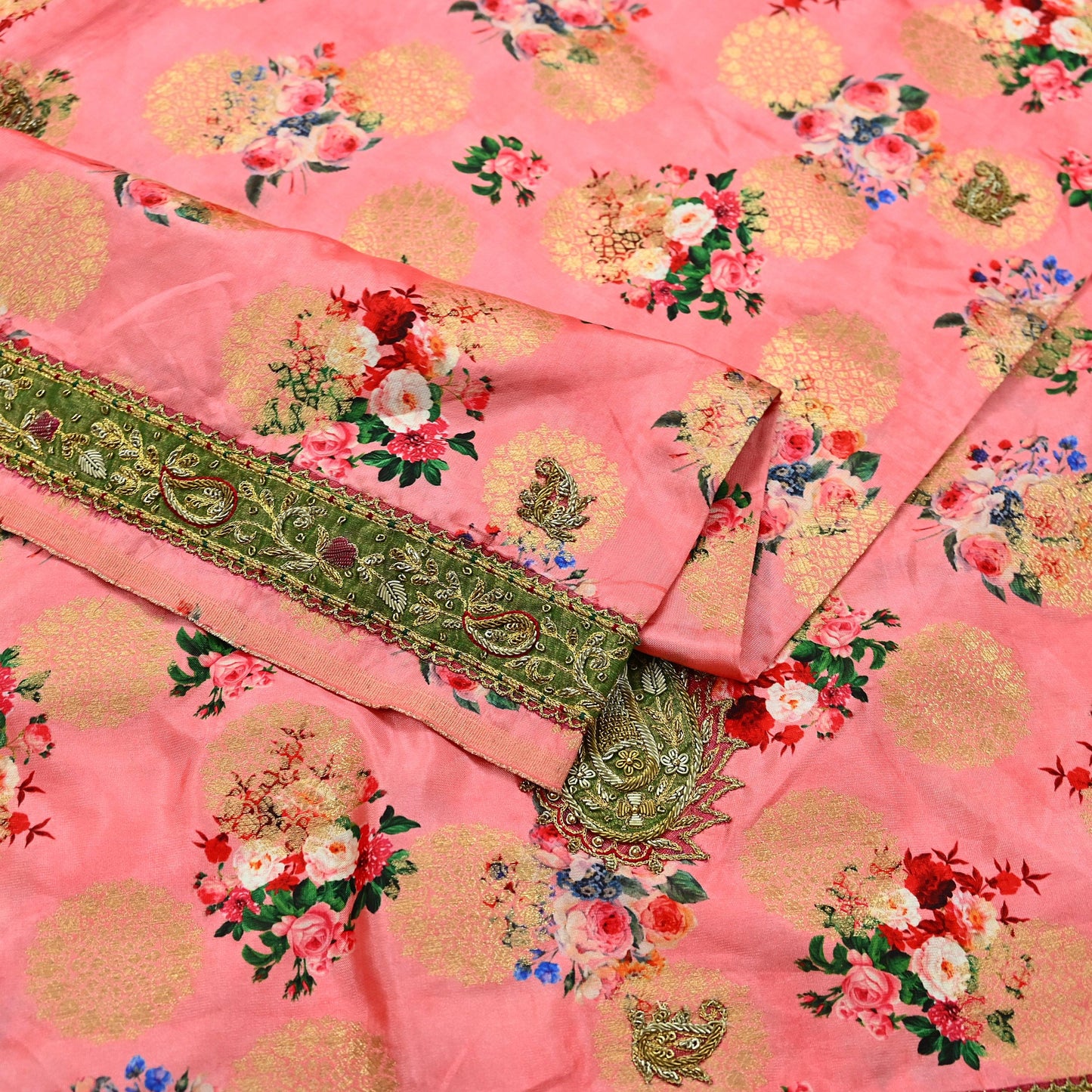 Indian Vintage Peach Sarees Hand Embroidered Woven Brocade Sari Fabric 6Yd Sewing Ethnic Zardozi Zari Floral Dress making