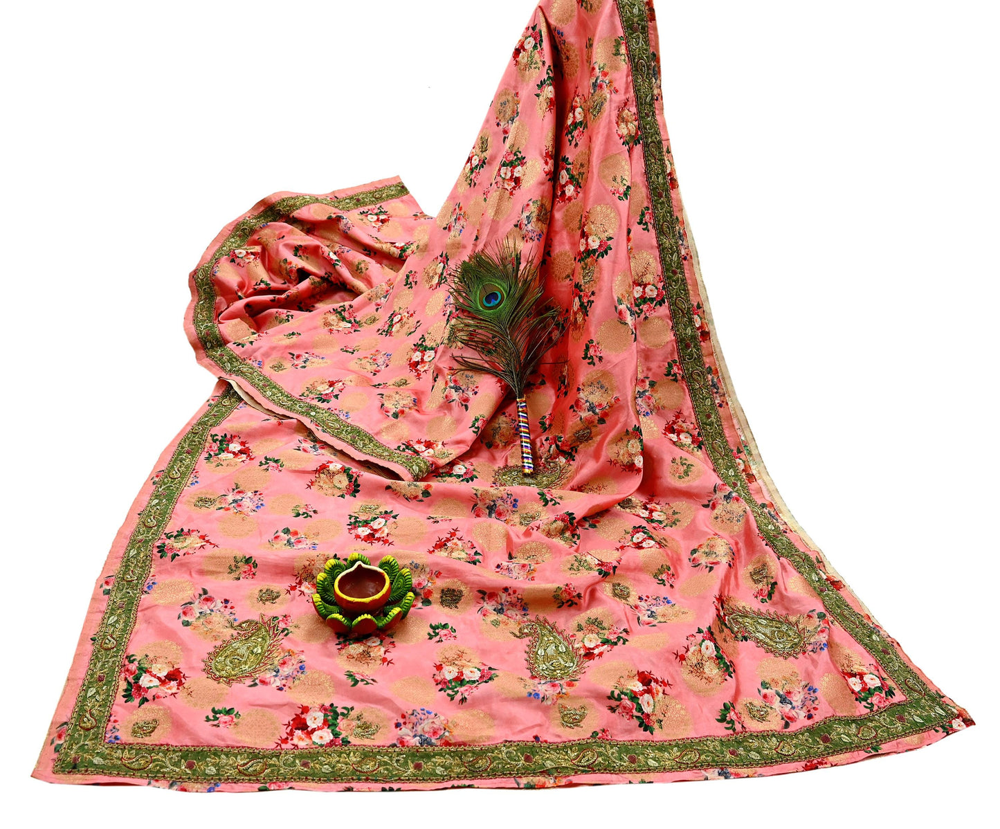 Indian Vintage Peach Sarees Hand Embroidered Woven Brocade Sari Fabric 6Yd Sewing Ethnic Zardozi Zari Floral Dress making
