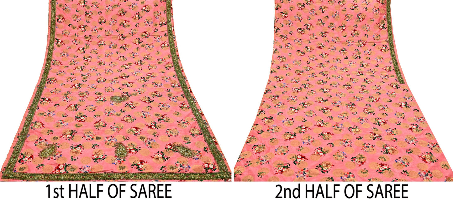 Indian Vintage Peach Sarees Hand Embroidered Woven Brocade Sari Fabric 6Yd Sewing Ethnic Zardozi Zari Floral Dress making