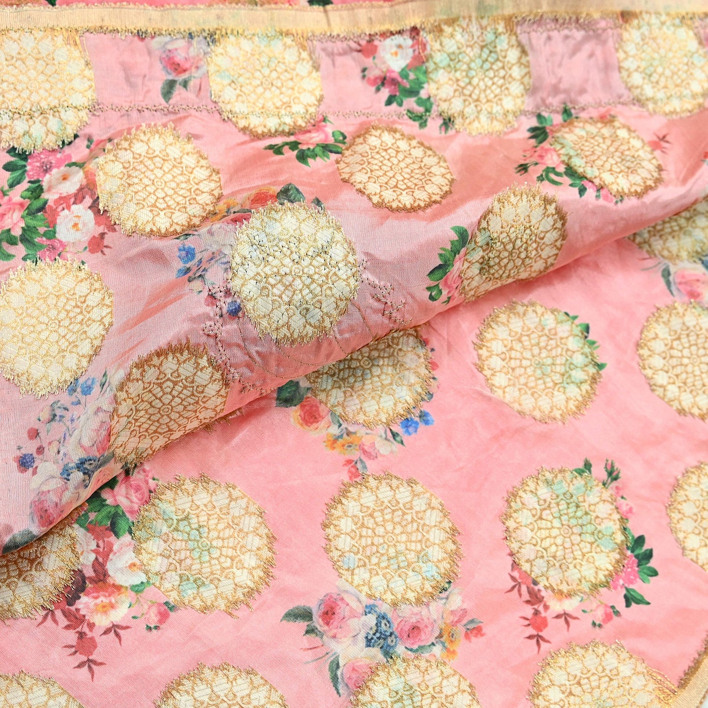 Indian Vintage Peach Sarees Hand Embroidered Woven Brocade Sari Fabric 6Yd Sewing Ethnic Zardozi Zari Floral Dress making