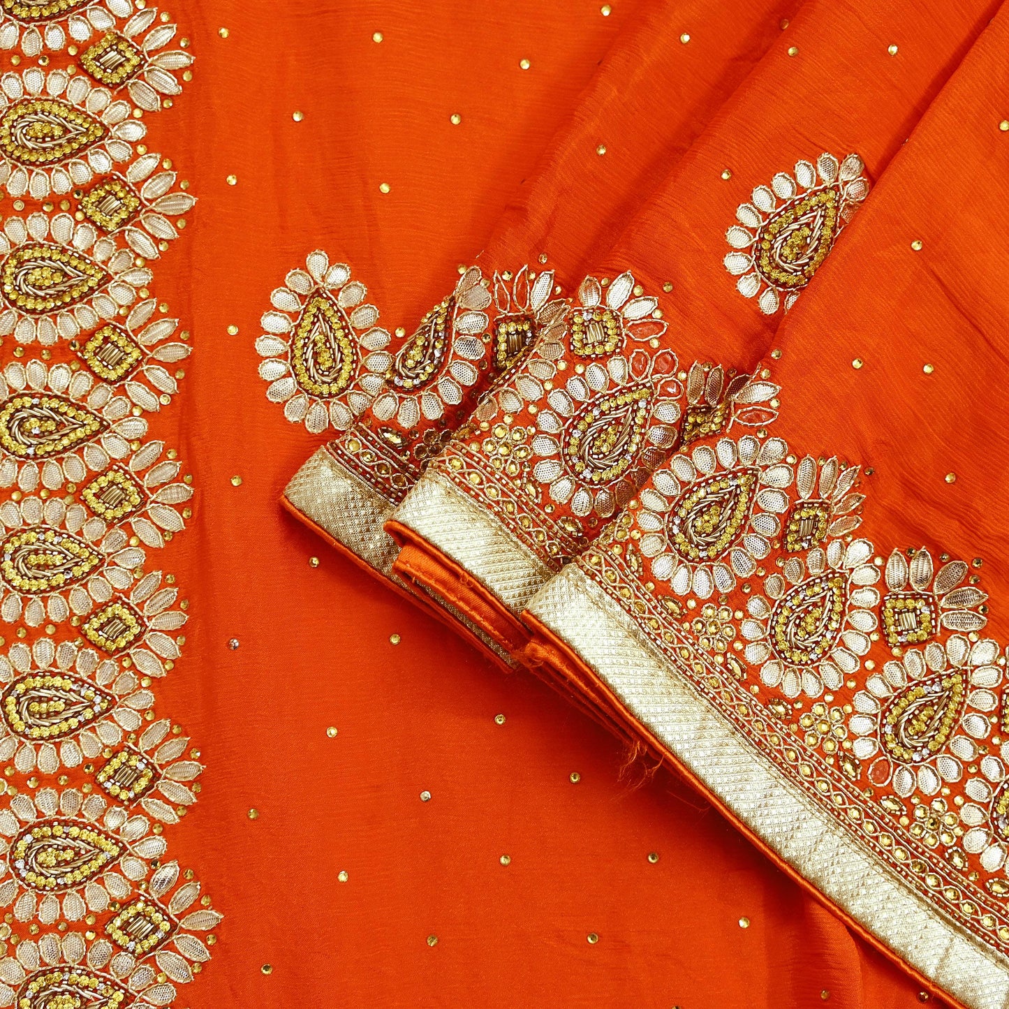 Indian Women Vintage Heavy Orange Dupatta Pure silk Long Stole Hand Embroidered Hijab Scarves Veil Wrap Zardozi Dabka Gota patti