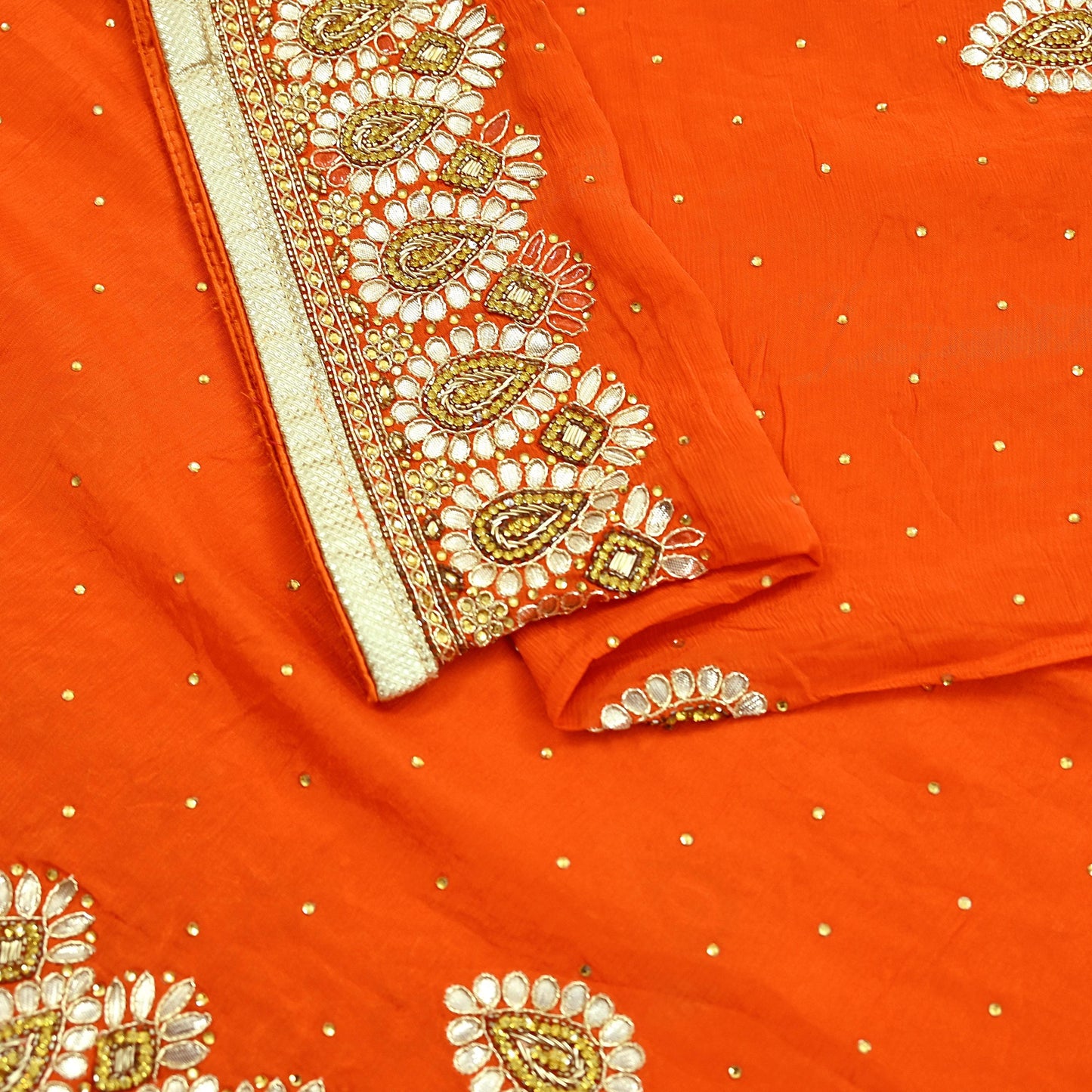 Indian Women Vintage Heavy Orange Dupatta Pure silk Long Stole Hand Embroidered Hijab Scarves Veil Wrap Zardozi Dabka Gota patti