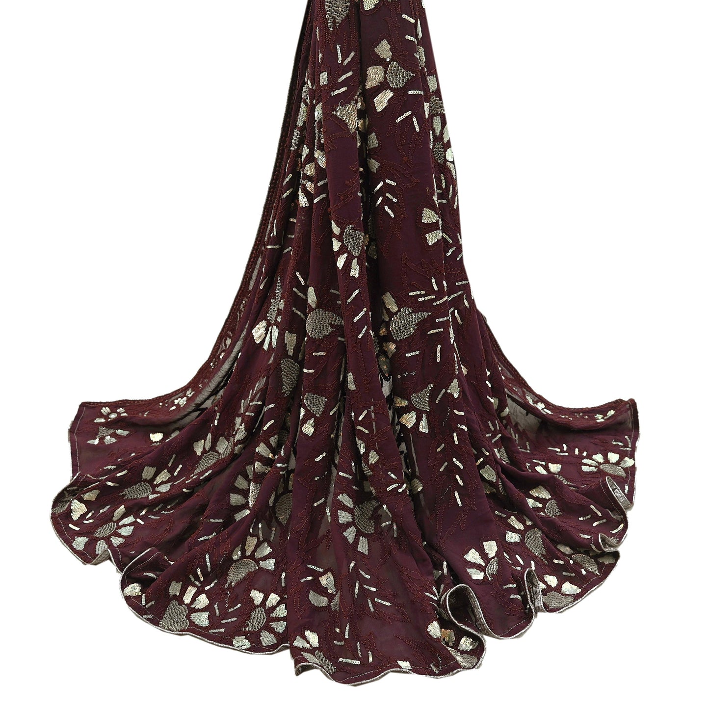 Indian Vintage Heavy Maroon Dupatta Pure Georgette silk Long Stole Hand Embroidered Chikankari Stole Scarf Scarves Veil