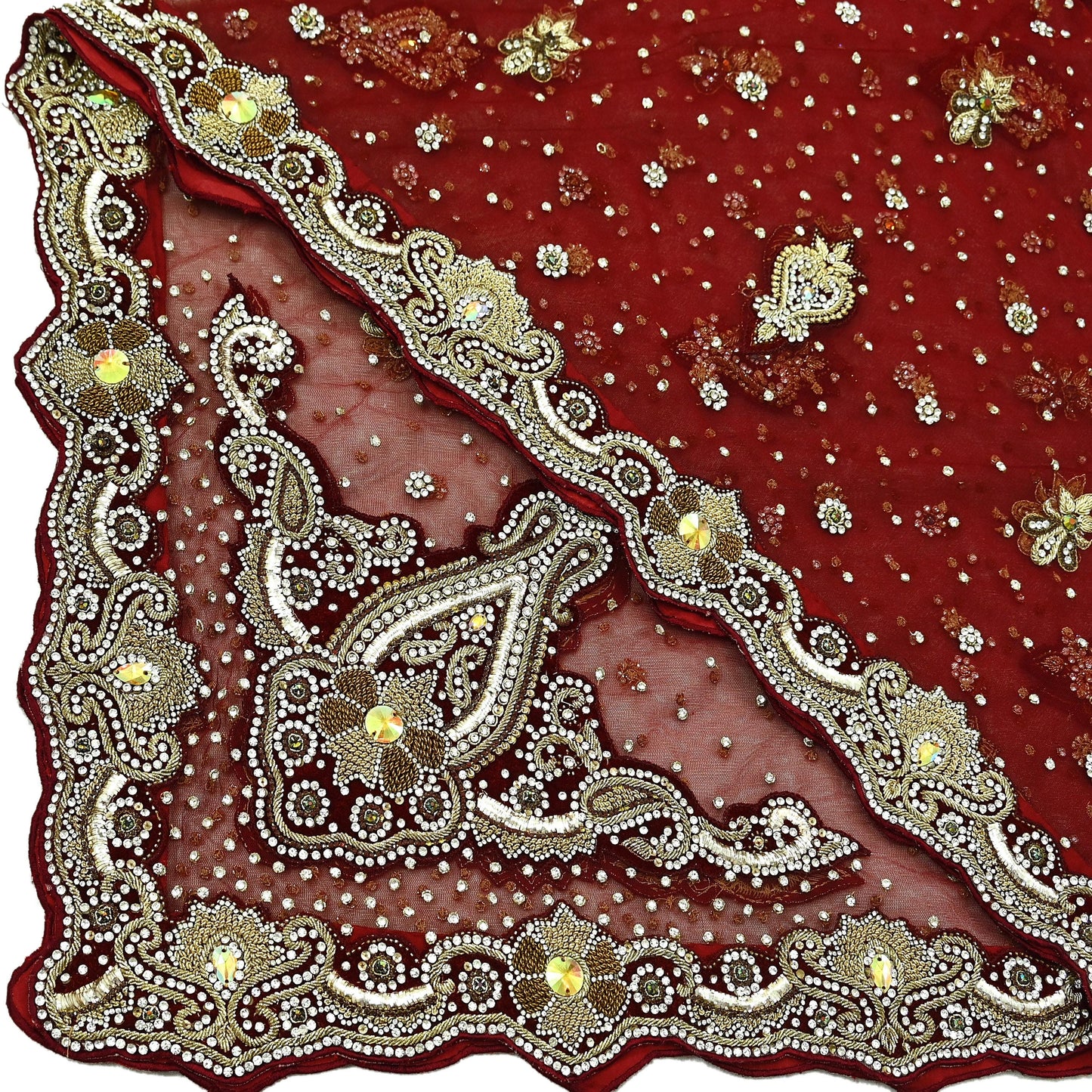 Indian Vintage Heavy Maroon Dupatta Net Mesh Long Stole Hand Embroidered Scarves Golden Zardozi Dabka Zari Stole
