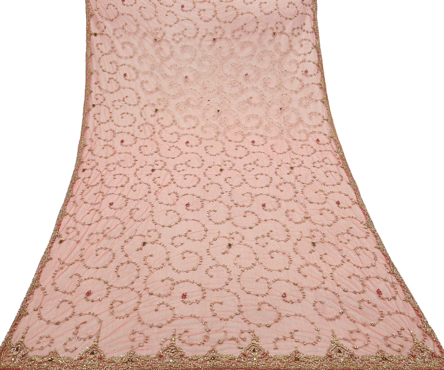 Indian Vintage Heavy Pink Dupatta Net Mesh Long Stole Hand Embroidered Scarves Golden Zardozi Dabka Zari Sequins