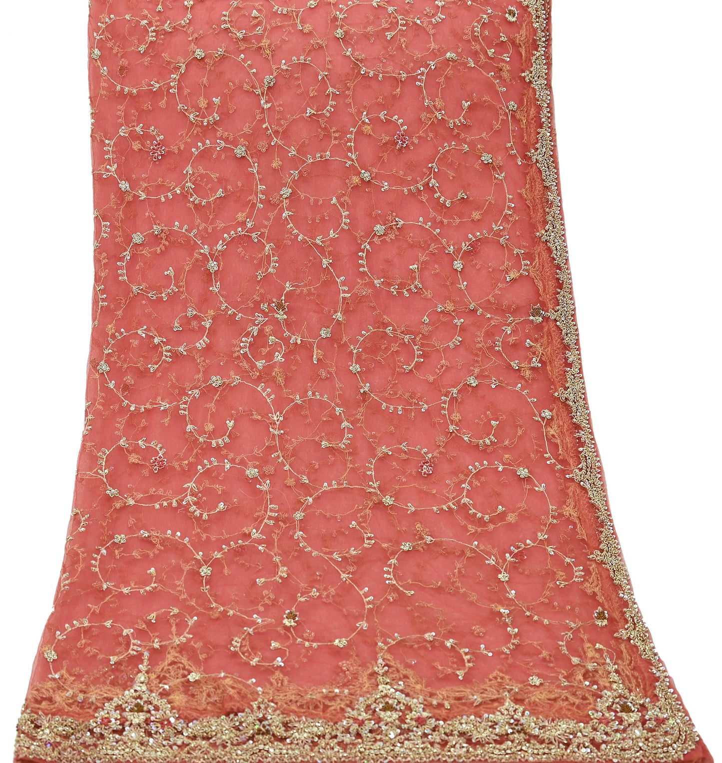 Indian Vintage Heavy Pink Dupatta Net Mesh Long Stole Hand Embroidered Scarves Golden Zardozi Dabka Zari Sequins