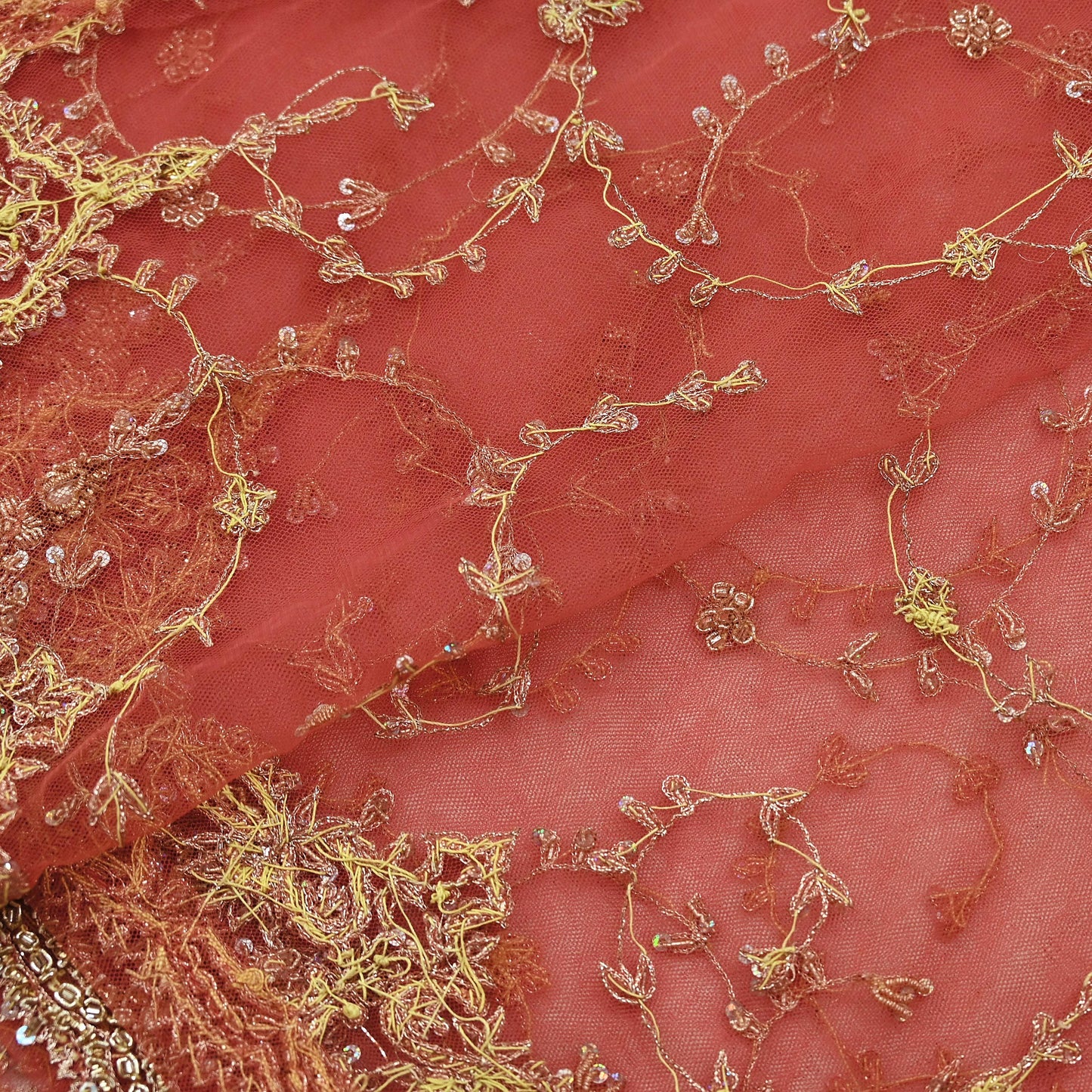 Indian Vintage Heavy Pink Dupatta Net Mesh Long Stole Hand Embroidered Scarves Golden Zardozi Dabka Zari Sequins