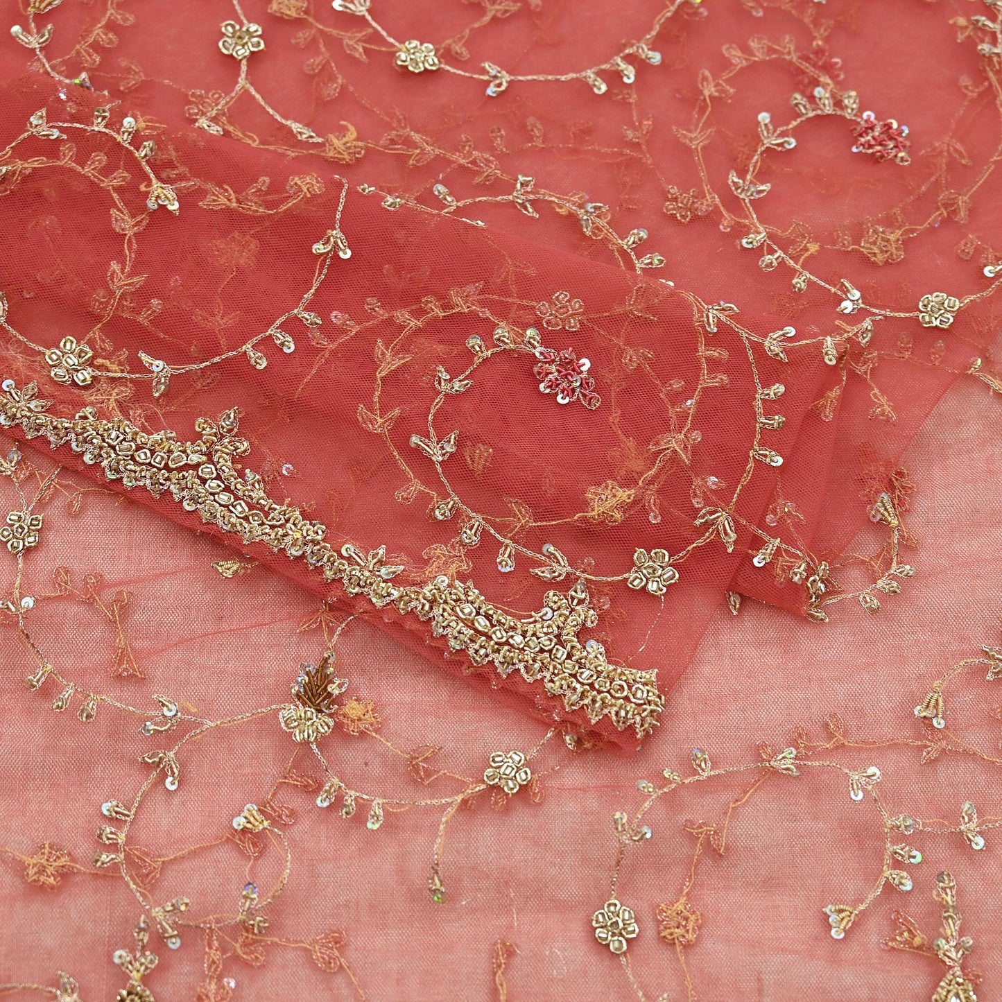 Indian Vintage Heavy Pink Dupatta Net Mesh Long Stole Hand Embroidered Scarves Golden Zardozi Dabka Zari Sequins