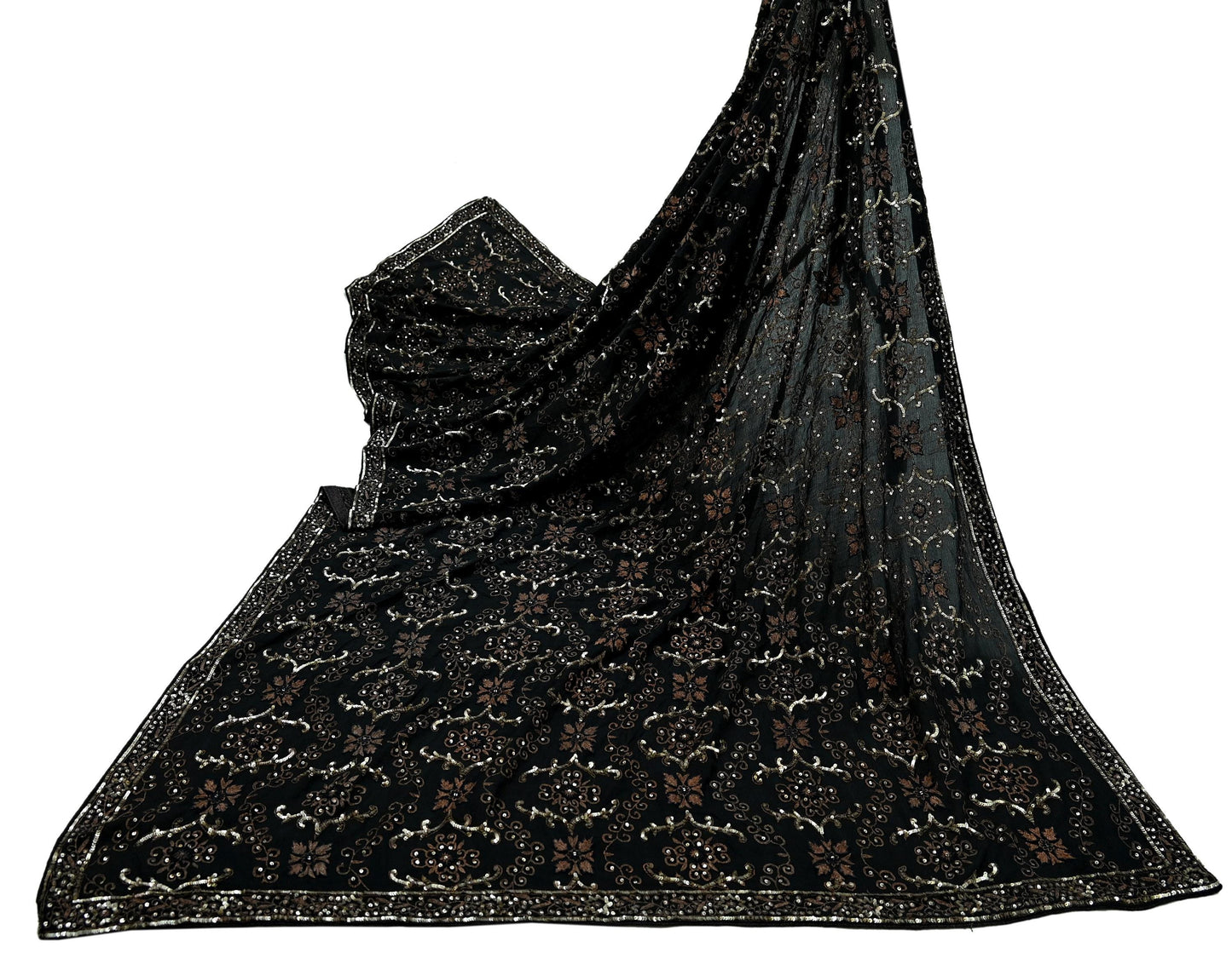 Indian Women Vintage Heavy Black Dupatta Pure silk Long Stole Hand Embroidered Hijab Scarves Veil Wrap Zari