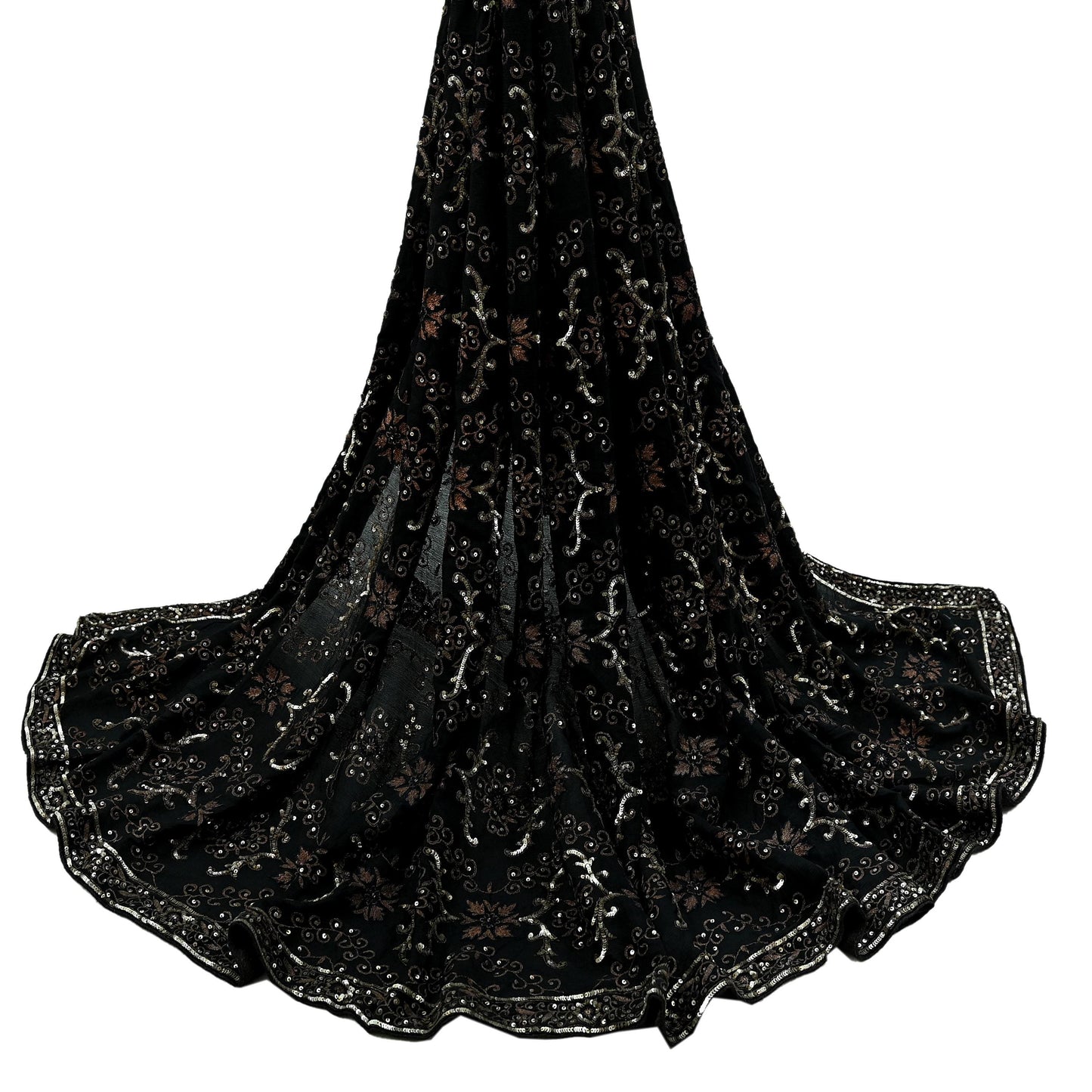 Indian Women Vintage Heavy Black Dupatta Pure silk Long Stole Hand Embroidered Hijab Scarves Veil Wrap Zari