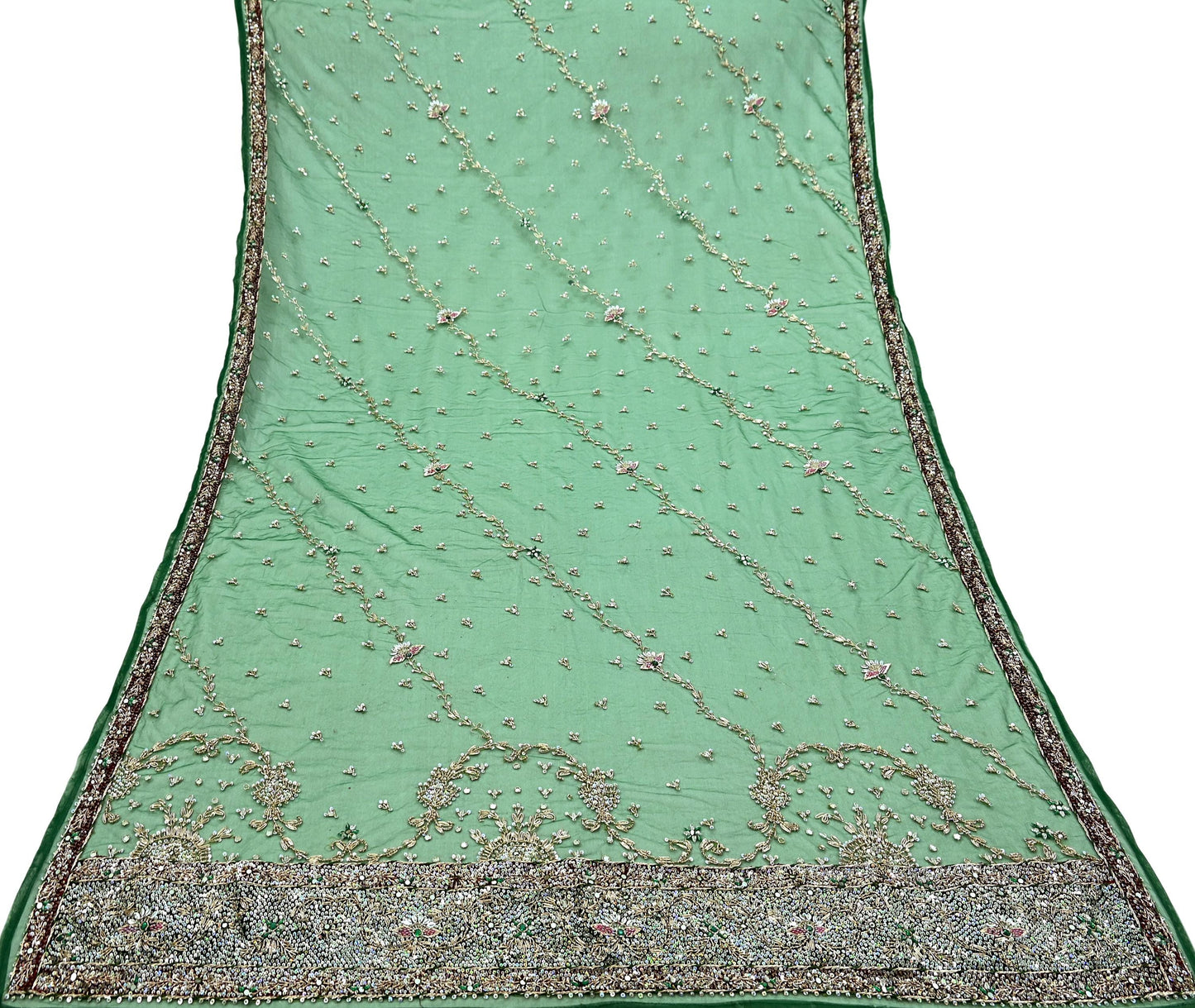 Indian Vintage Heavy Bridal Dupatta Green Net Mesh Long Stole Hand Embroidered Scarf Zardozi Zari Sequins Wedding/Party wear hijab veil