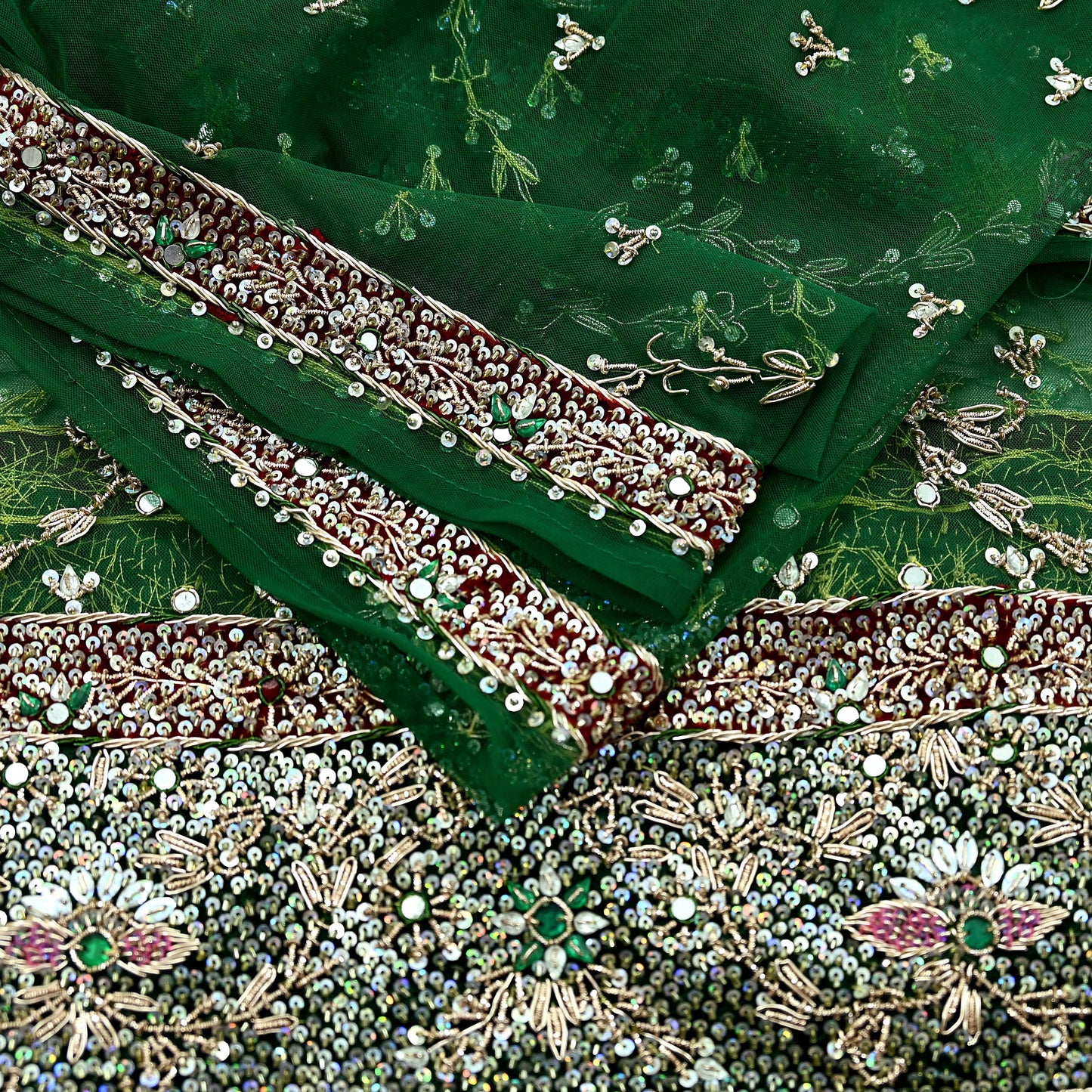 Indian Vintage Heavy Bridal Dupatta Green Net Mesh Long Stole Hand Embroidered Scarf Zardozi Zari Sequins Wedding/Party wear hijab veil