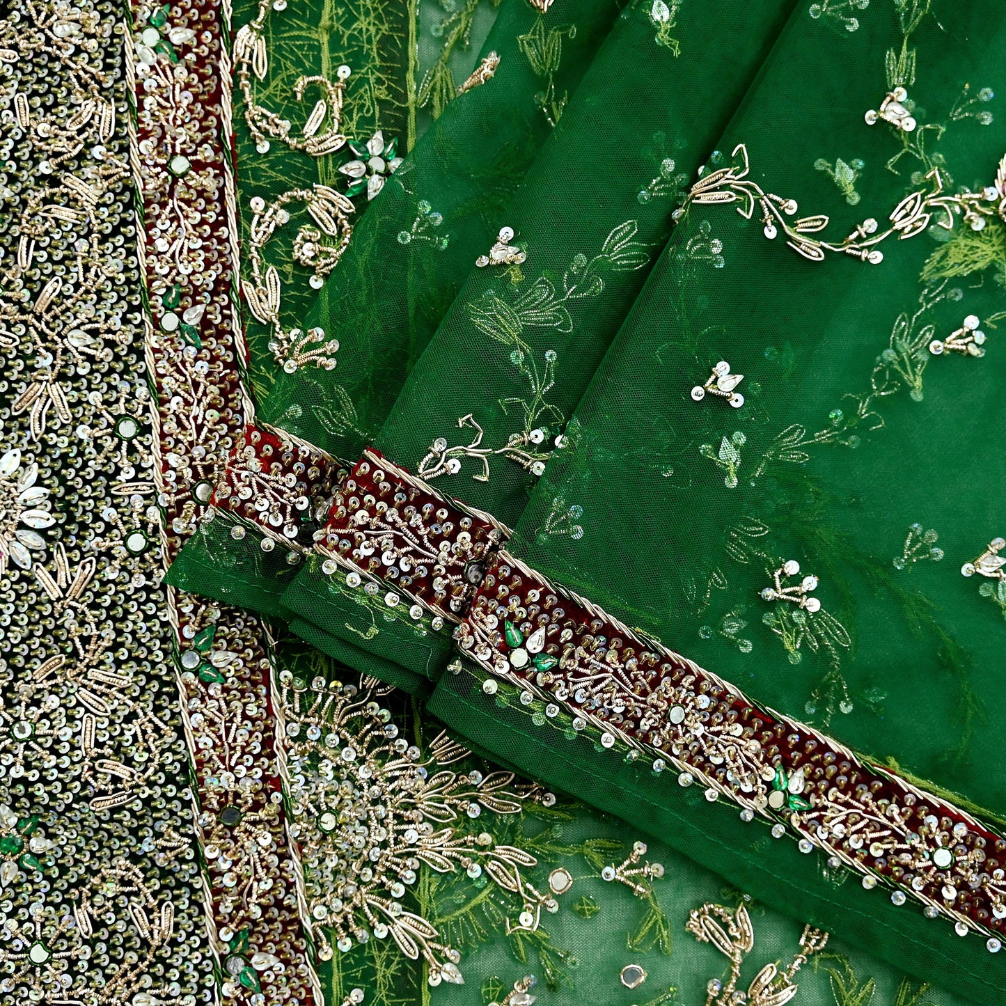 Indian Vintage Heavy Bridal Dupatta Green Net Mesh Long Stole Hand Embroidered Scarf Zardozi Zari Sequins Wedding/Party wear hijab veil