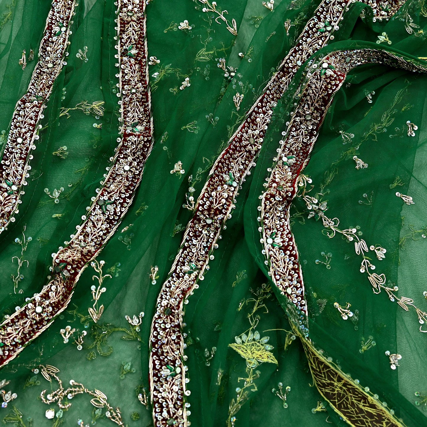 Indian Vintage Heavy Bridal Dupatta Green Net Mesh Long Stole Hand Embroidered Scarf Zardozi Zari Sequins Wedding/Party wear hijab veil