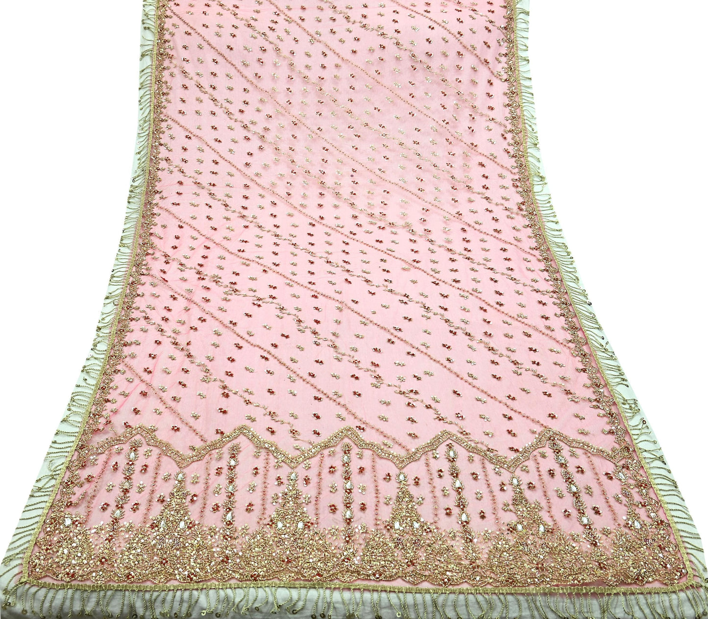 Indian Vintage Heavy Pink Dupatta Net Mesh Long Stole Hand Embroidered Scarves Golden Zardozi Dabka Zari Sequins Wedding Dupatta Party Wear
