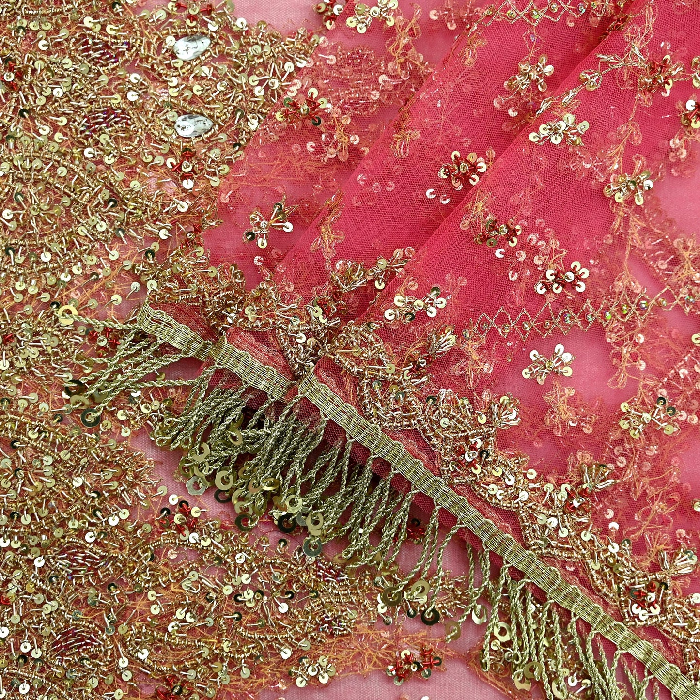 Indian Vintage Heavy Pink Dupatta Net Mesh Long Stole Hand Embroidered Scarves Golden Zardozi Dabka Zari Sequins Wedding Dupatta Party Wear