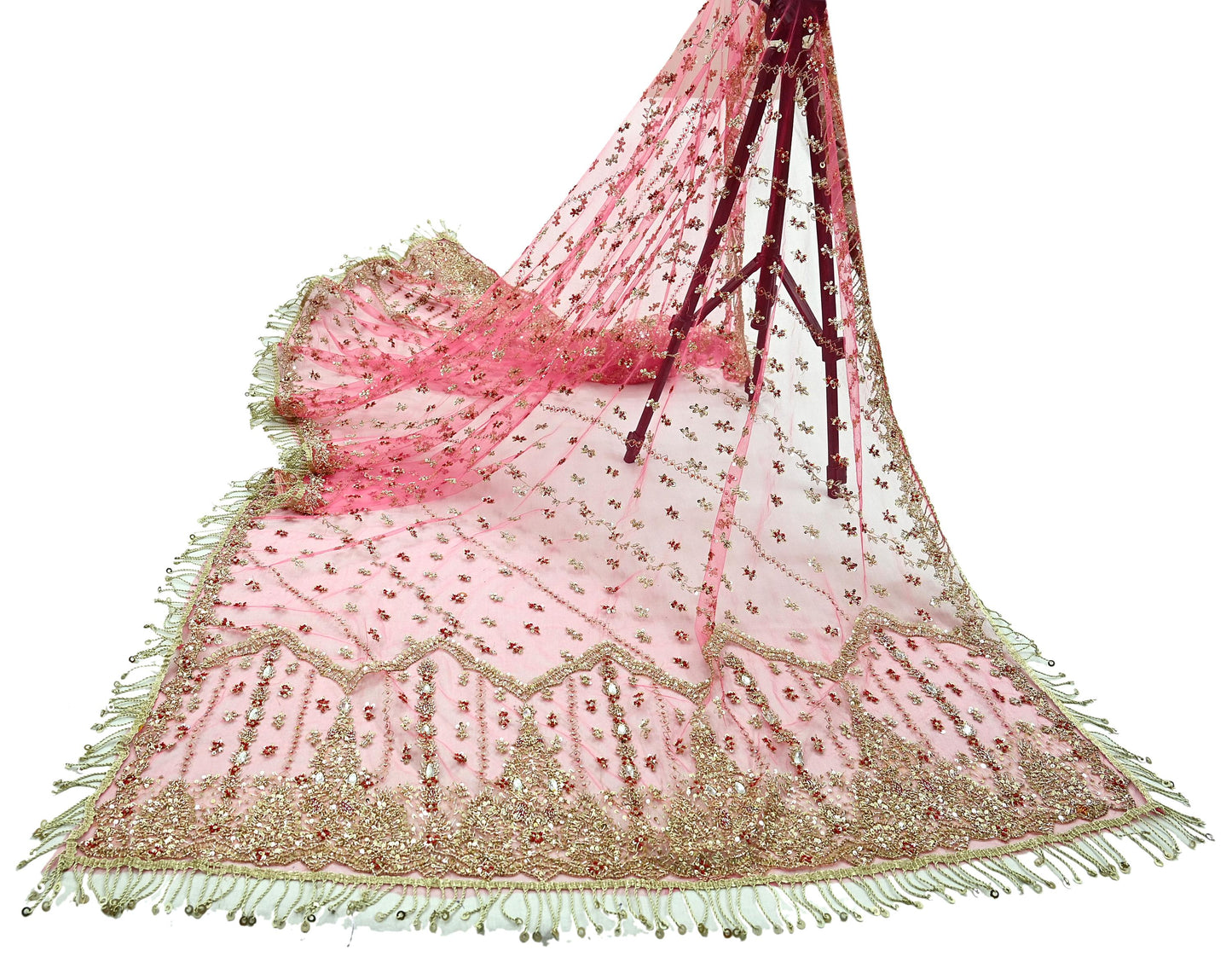 Indian Vintage Heavy Pink Dupatta Net Mesh Long Stole Hand Embroidered Scarves Golden Zardozi Dabka Zari Sequins Wedding Dupatta Party Wear