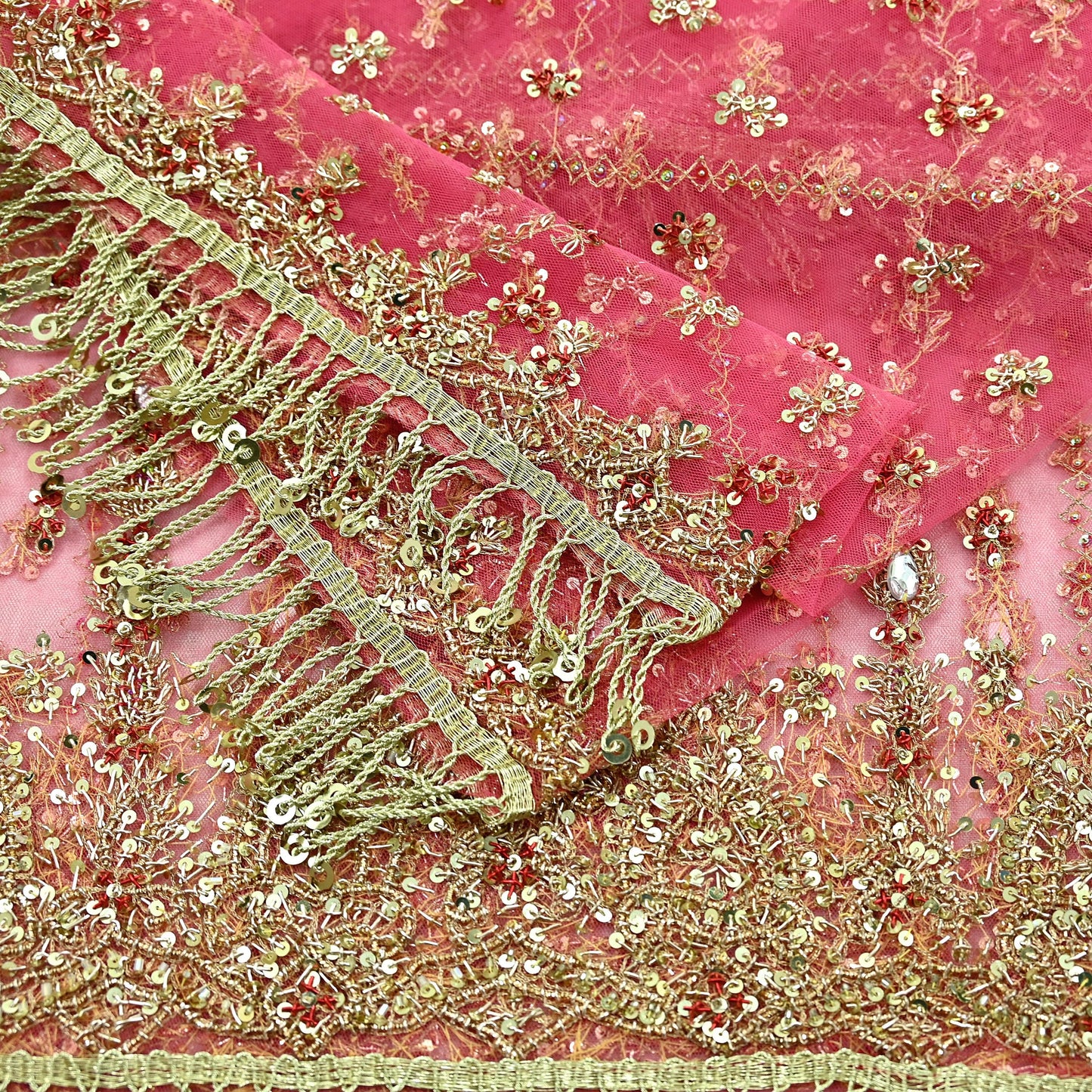 Indian Vintage Heavy Pink Dupatta Net Mesh Long Stole Hand Embroidered Scarves Golden Zardozi Dabka Zari Sequins Wedding Dupatta Party Wear