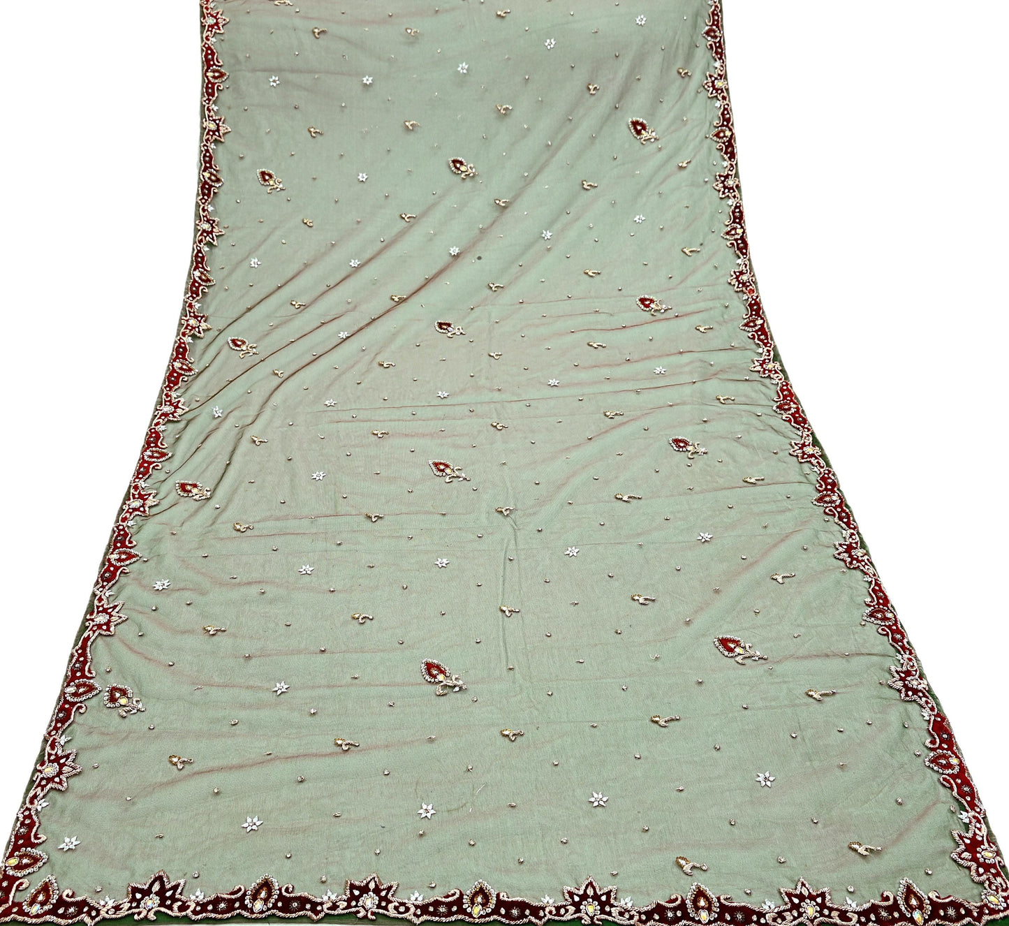 Indian Vintage Heavy Bridal Dupatta Green Net Mesh Long Stole Hand Embroidered Scarf Zardozi Zari Sequins Wedding/Party wear hijab veil