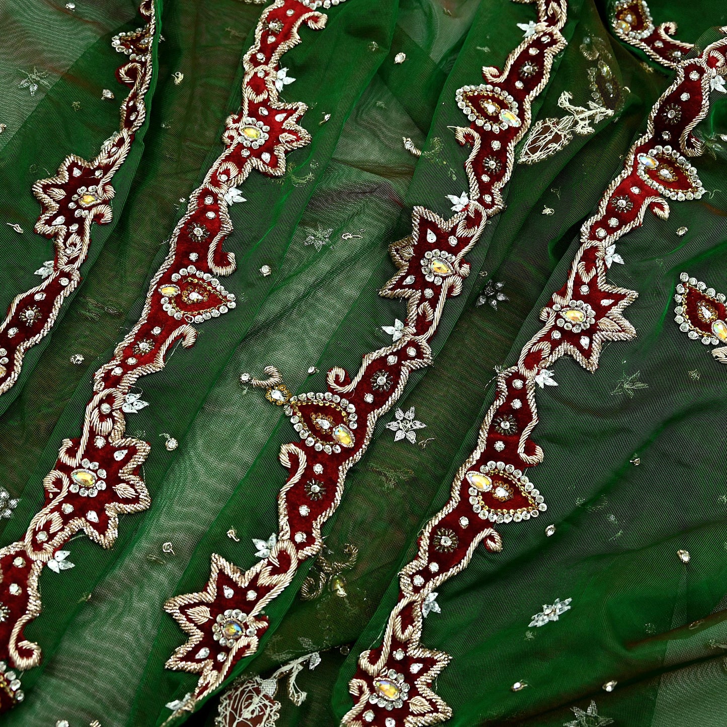 Indian Vintage Heavy Bridal Dupatta Green Net Mesh Long Stole Hand Embroidered Scarf Zardozi Zari Sequins Wedding/Party wear hijab veil