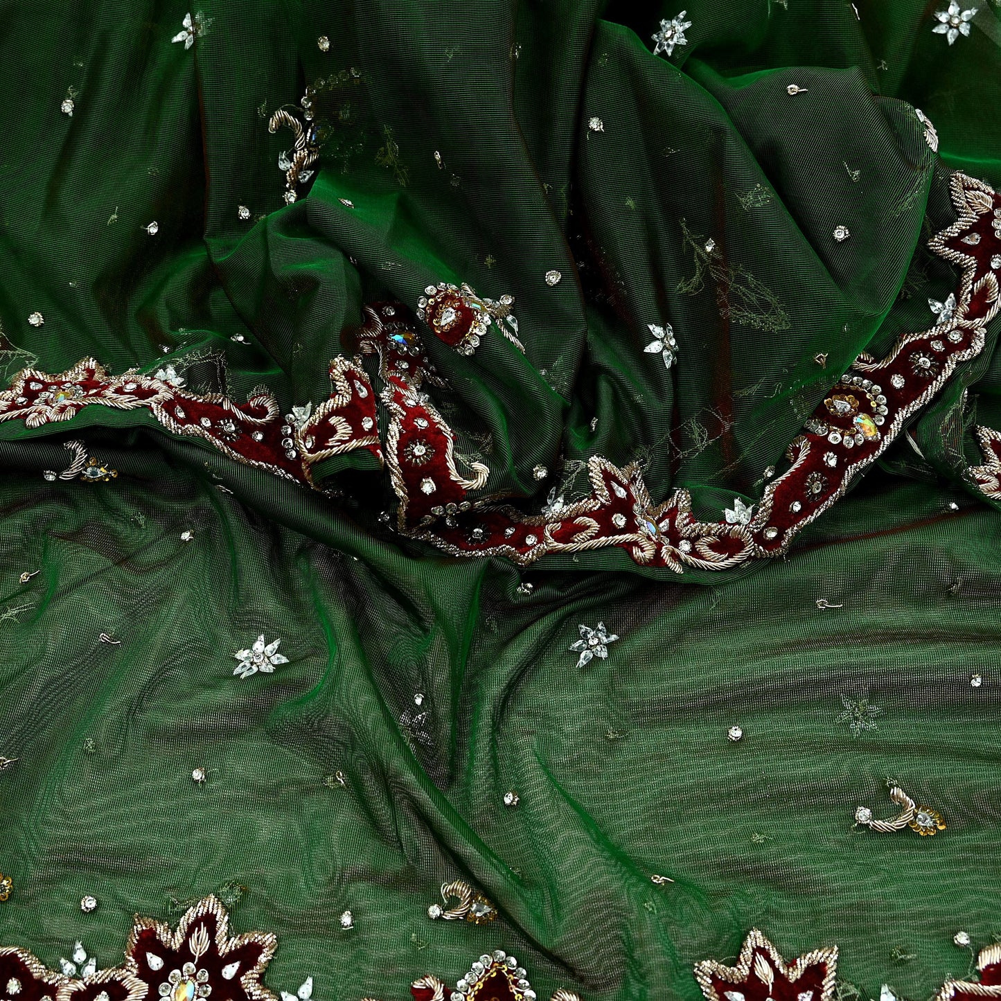 Indian Vintage Heavy Bridal Dupatta Green Net Mesh Long Stole Hand Embroidered Scarf Zardozi Zari Sequins Wedding/Party wear hijab veil