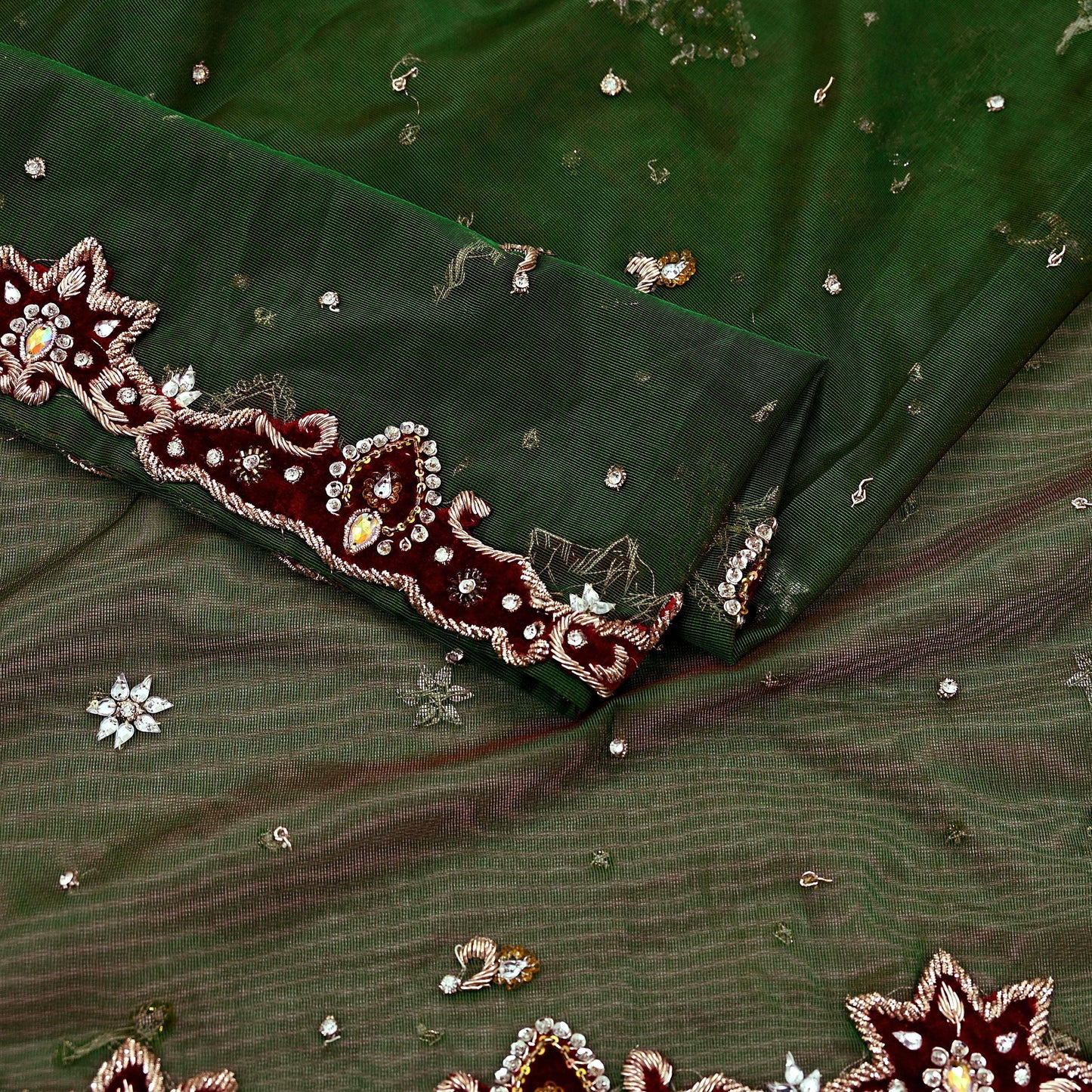 Indian Vintage Heavy Bridal Dupatta Green Net Mesh Long Stole Hand Embroidered Scarf Zardozi Zari Sequins Wedding/Party wear hijab veil