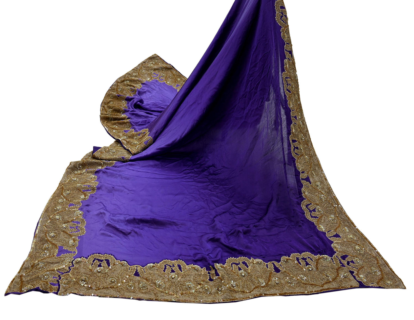 Indian Vintage Heavy Wedding Purple Dupatta Pure Satin Silk Long Stole Hand Embroidered Scarves Golden Zardozi Veil