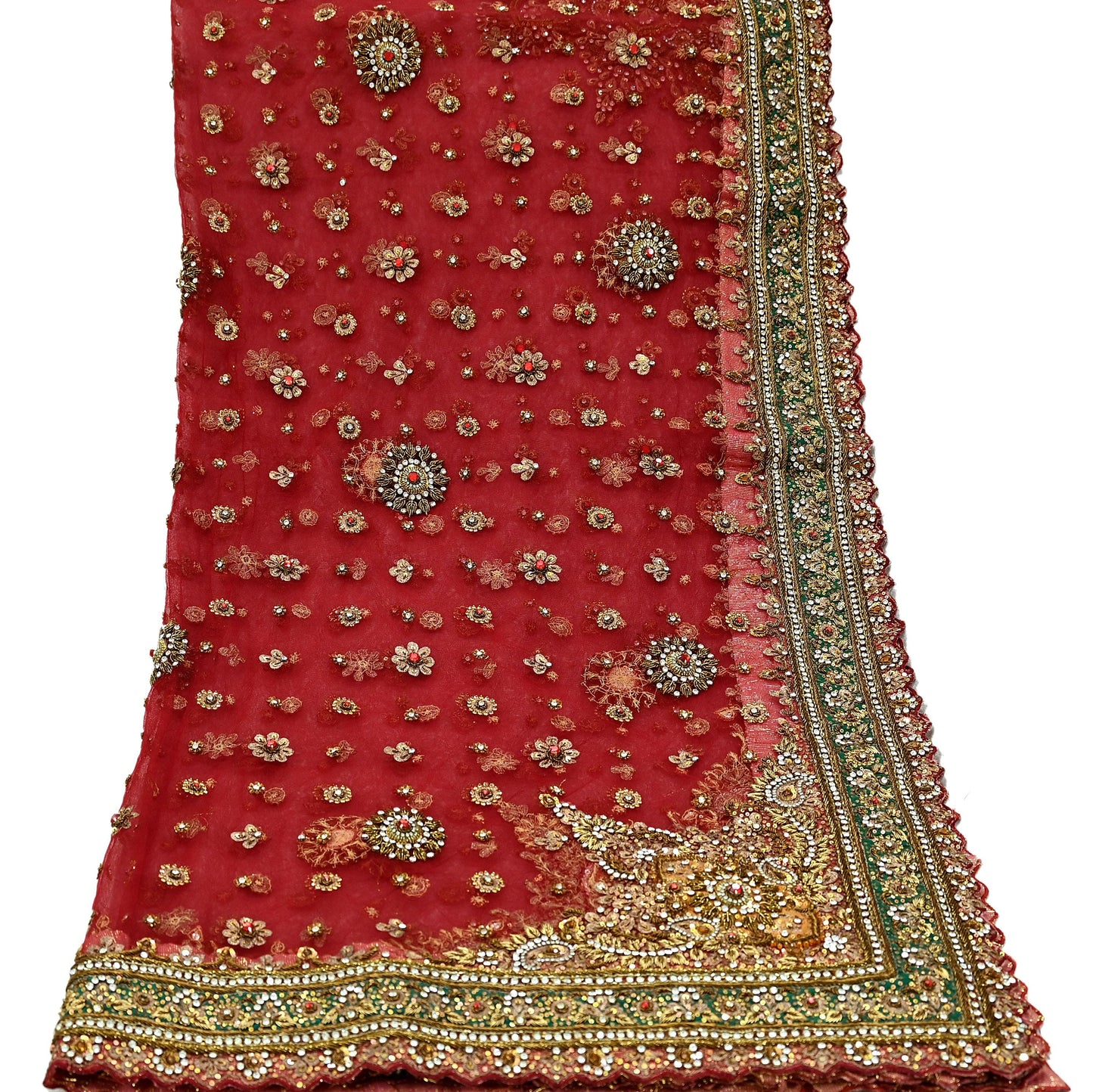 Indian Vintage Heavy Bridal Red Dupatta Net Mesh Long Stole Hand Embroidered Scarves Golden Zardozi Dabka Zari Sequins Wedding Veil Hijab
