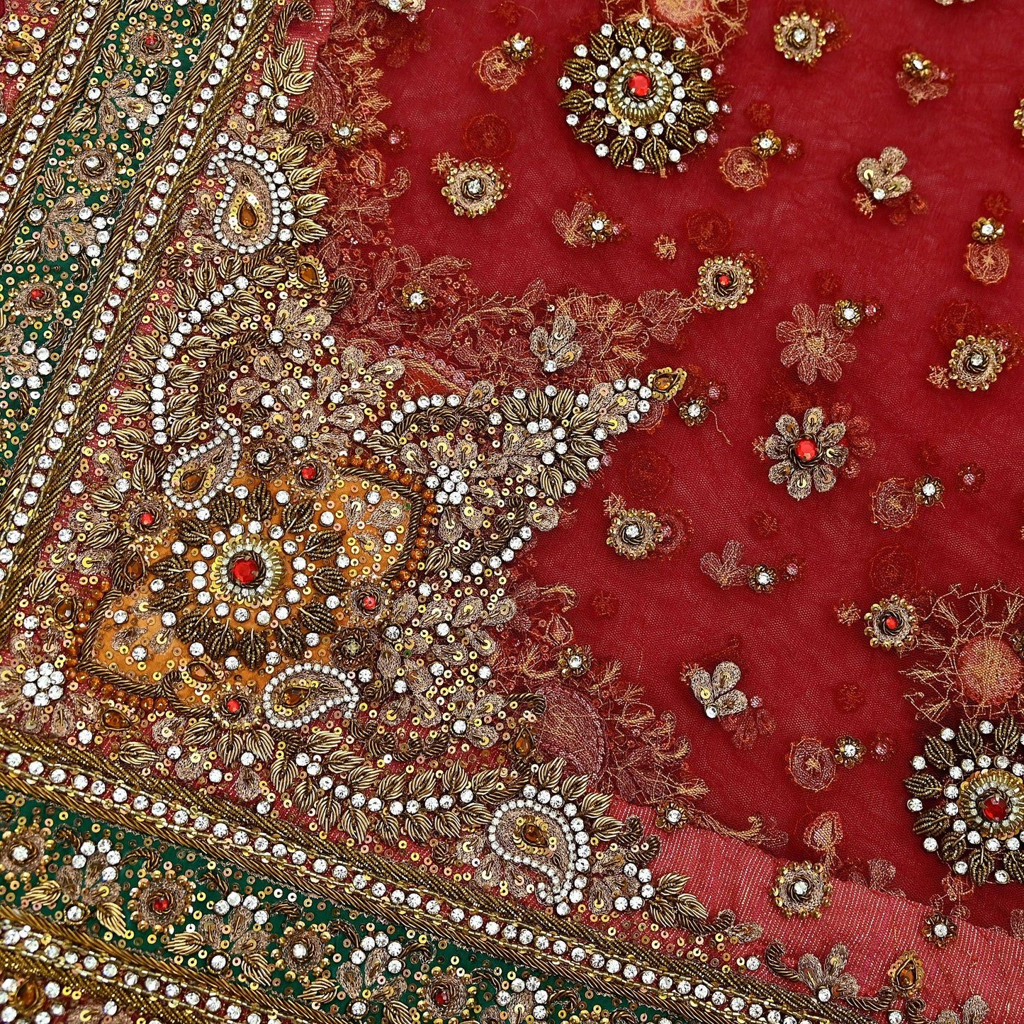 Indian Vintage Heavy Bridal Red Dupatta Net Mesh Long Stole Hand Embroidered Scarves Golden Zardozi Dabka Zari Sequins Wedding Veil Hijab