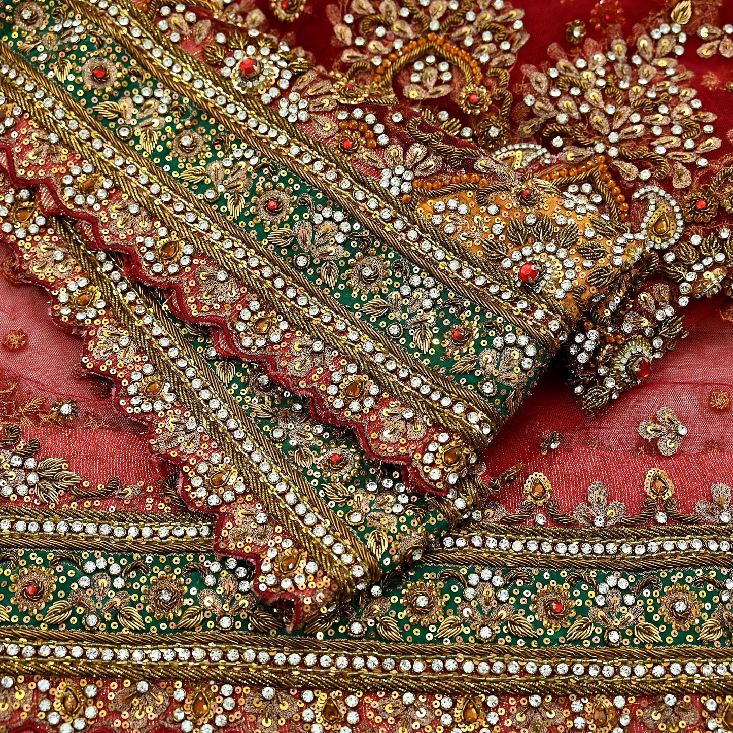 Indian Vintage Heavy Bridal Red Dupatta Net Mesh Long Stole Hand Embroidered Scarves Golden Zardozi Dabka Zari Sequins Wedding Veil Hijab