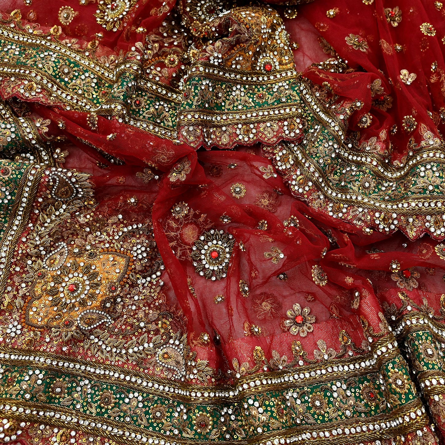 Indian Vintage Heavy Bridal Red Dupatta Net Mesh Long Stole Hand Embroidered Scarves Golden Zardozi Dabka Zari Sequins Wedding Veil Hijab