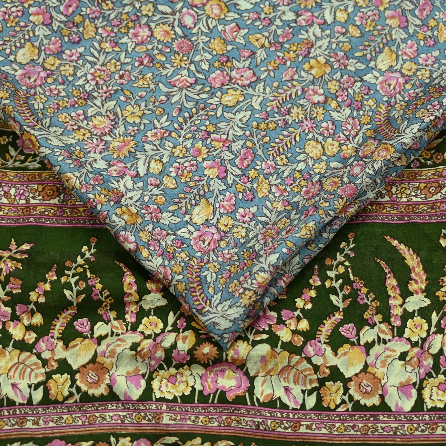 Indian Vintage Sari Green & Gray Pure Silk Printed Sarees Craft Fabric 5yd Sewing Dress Making Soft Floral Crafting Quilting Upcycle Used