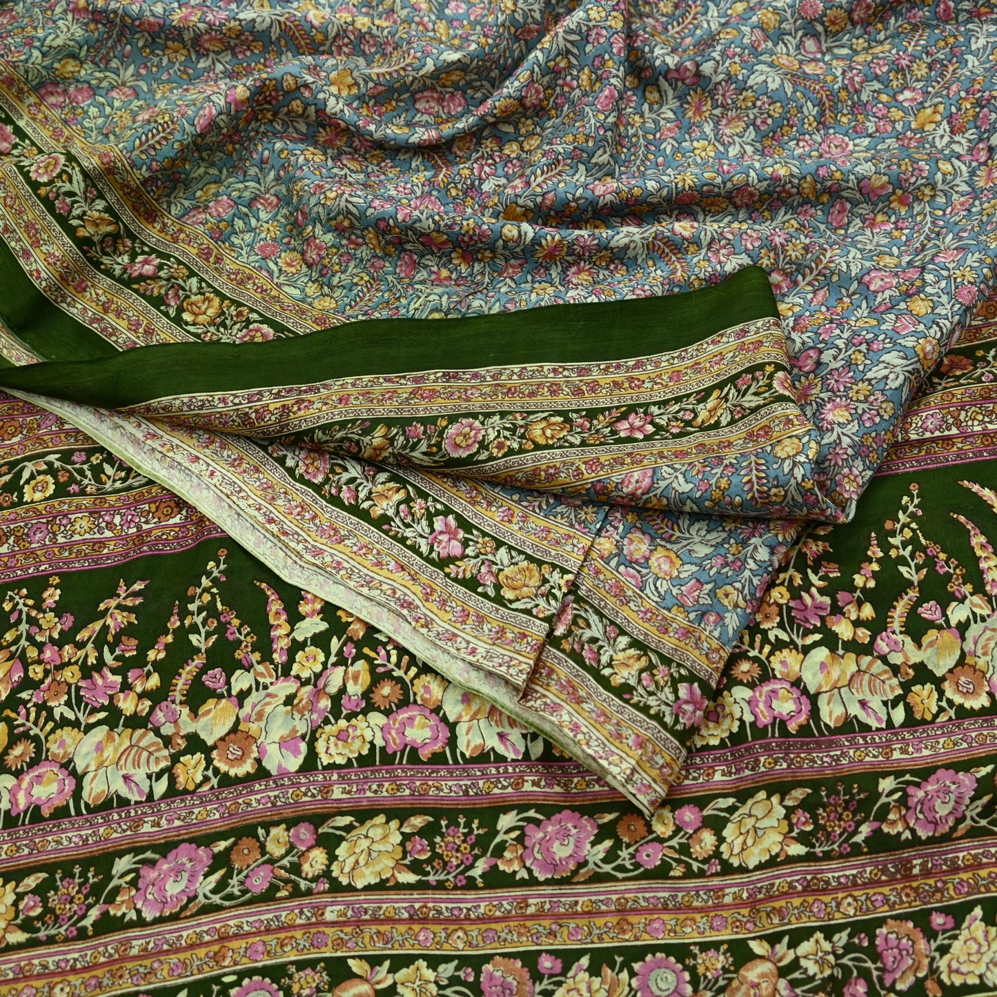 Indian Vintage Sari Green & Gray Pure Silk Printed Sarees Craft Fabric 5yd Sewing Dress Making Soft Floral Crafting Quilting Upcycle Used