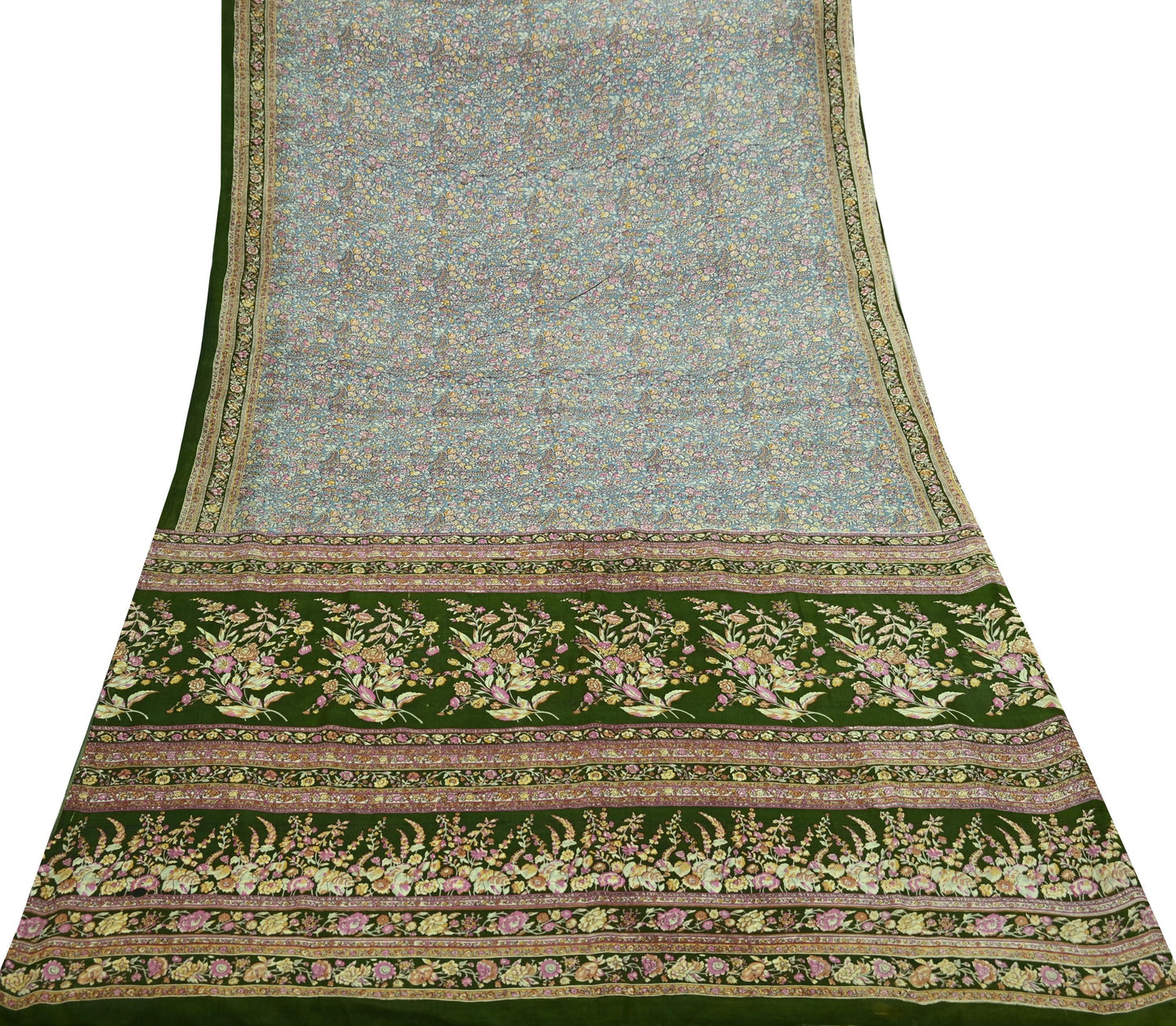 Indian Vintage Sari Green & Gray Pure Silk Printed Sarees Craft Fabric 5yd Sewing Dress Making Soft Floral Crafting Quilting Upcycle Used