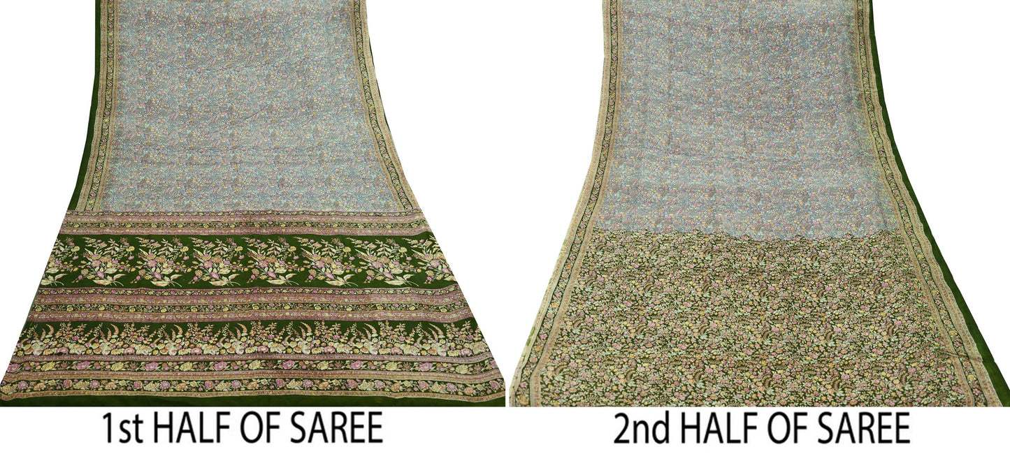 Indian Vintage Sari Green & Gray Pure Silk Printed Sarees Craft Fabric 5yd Sewing Dress Making Soft Floral Crafting Quilting Upcycle Used