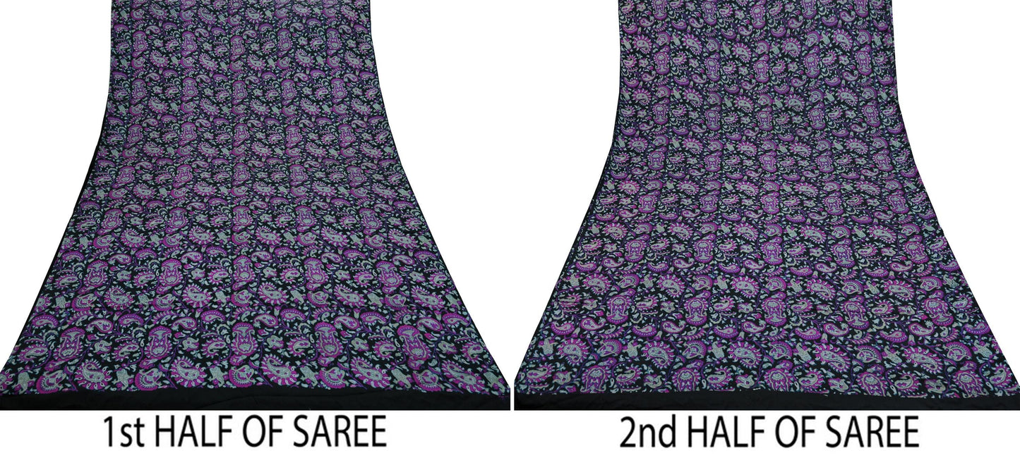 Indian Vintage Black Saree Pure Silk Block Printed Sari Craft Fabric 5yd Sewing DressMaking Soft Floral Quilting Crafting Upcycle