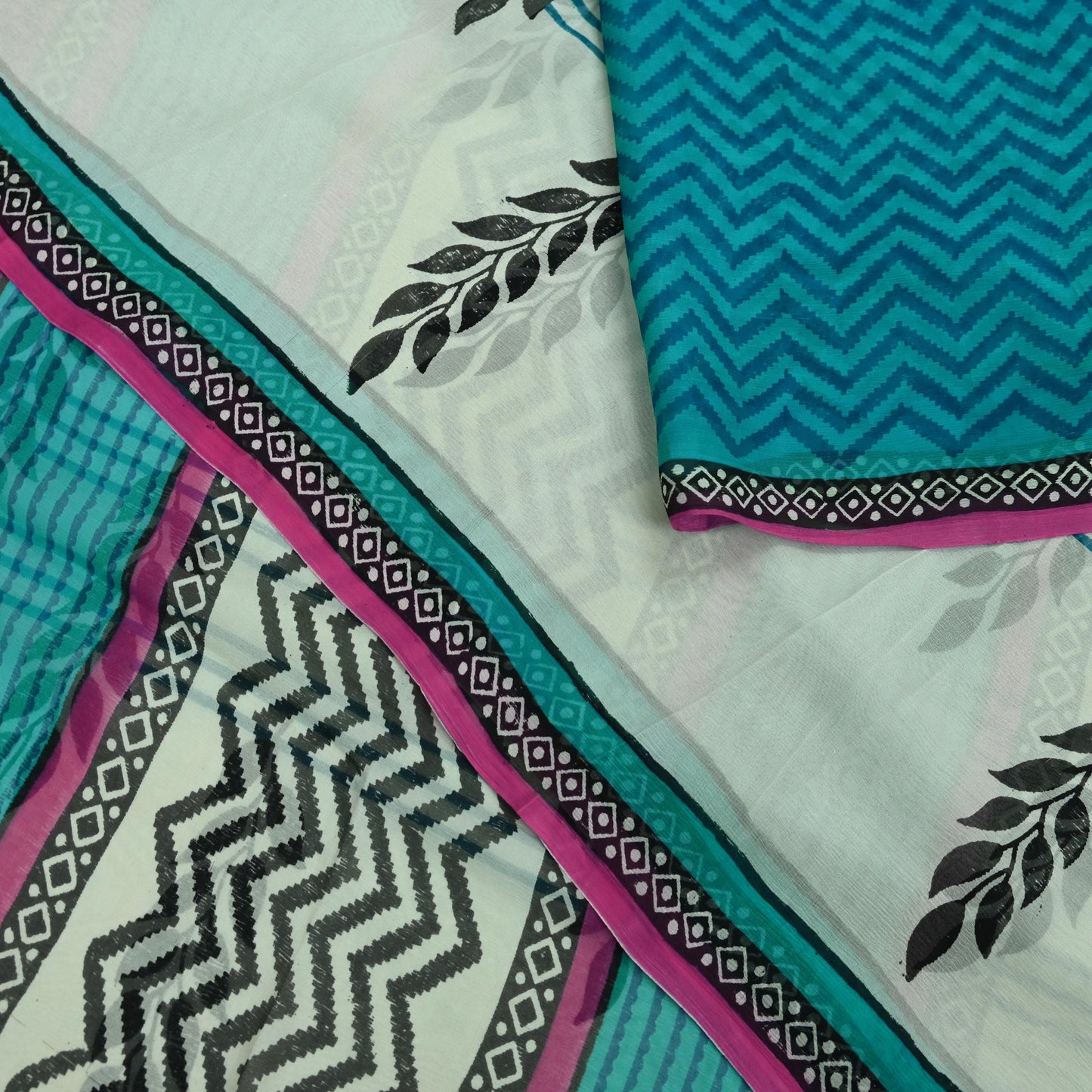 Women Vintage Blue & white Saree Pure Chiffon Silk Printed Sari Craft Fabric Sewing 6Yd Soft Light Dress Making Floral